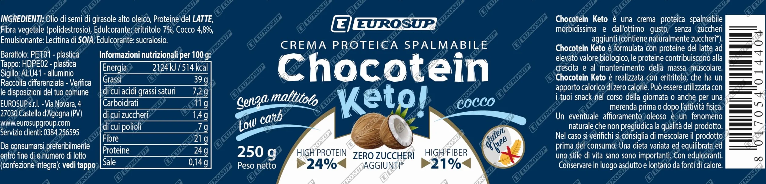 EUROSUP CHOCOTEIN KETO - 250 g - Caco-Nocciola