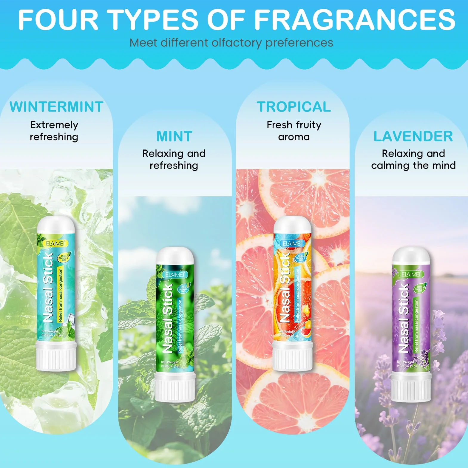 Nasal Stick 4 Pack, Bastone Nasale Agli Oli Essenziali, Effetto Fresco Lenitivo,Rilassa la Mente e il Corpo,Migliora la Concentrazione,Inalatore Nasale-Menta, Menta Piperita, Arancia, Lavanda