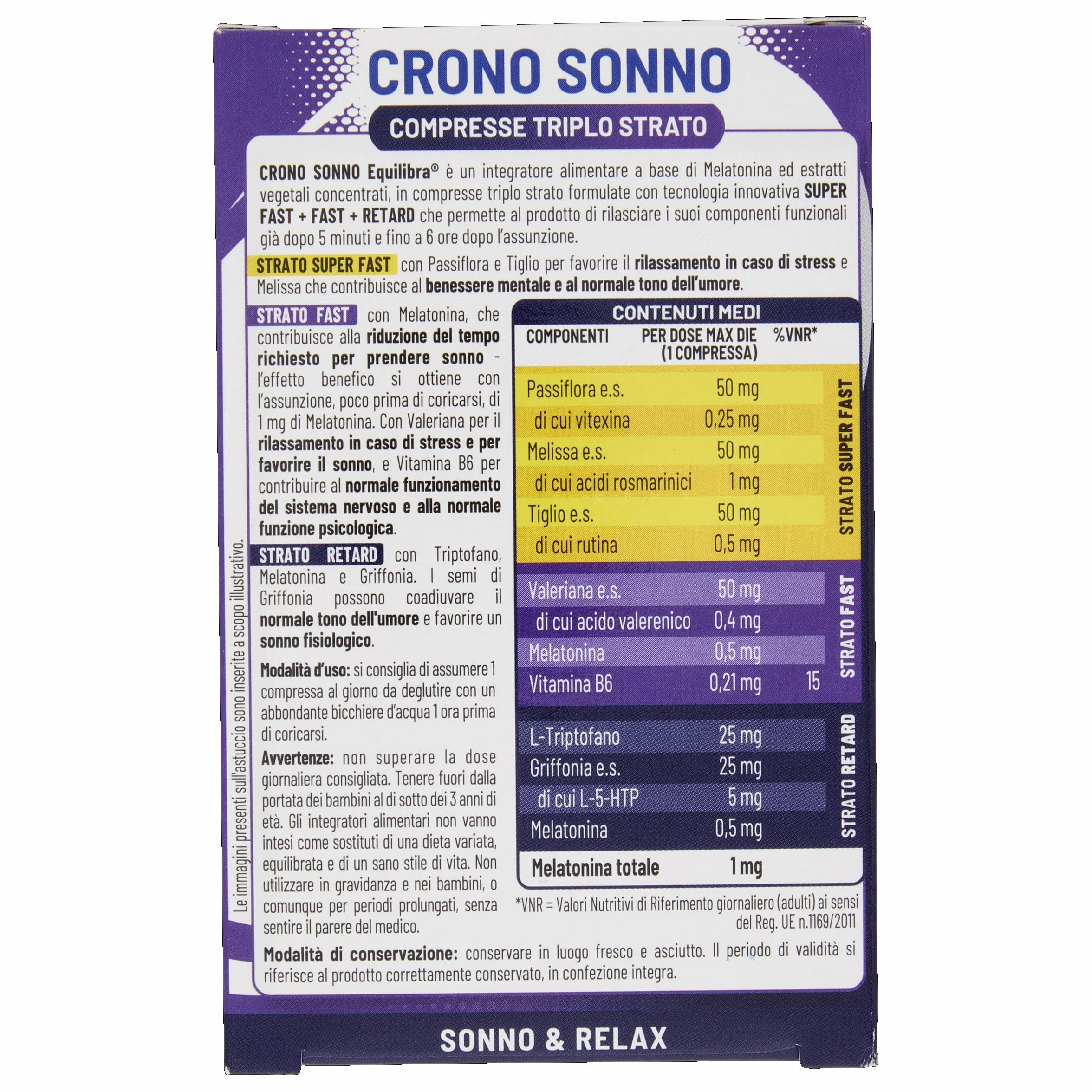 Equilibra Crono Sonno Melatonina Compresse Triplo Strato Rilascio Prolungato 6 ore Vegan Senza Glutine Lattosio