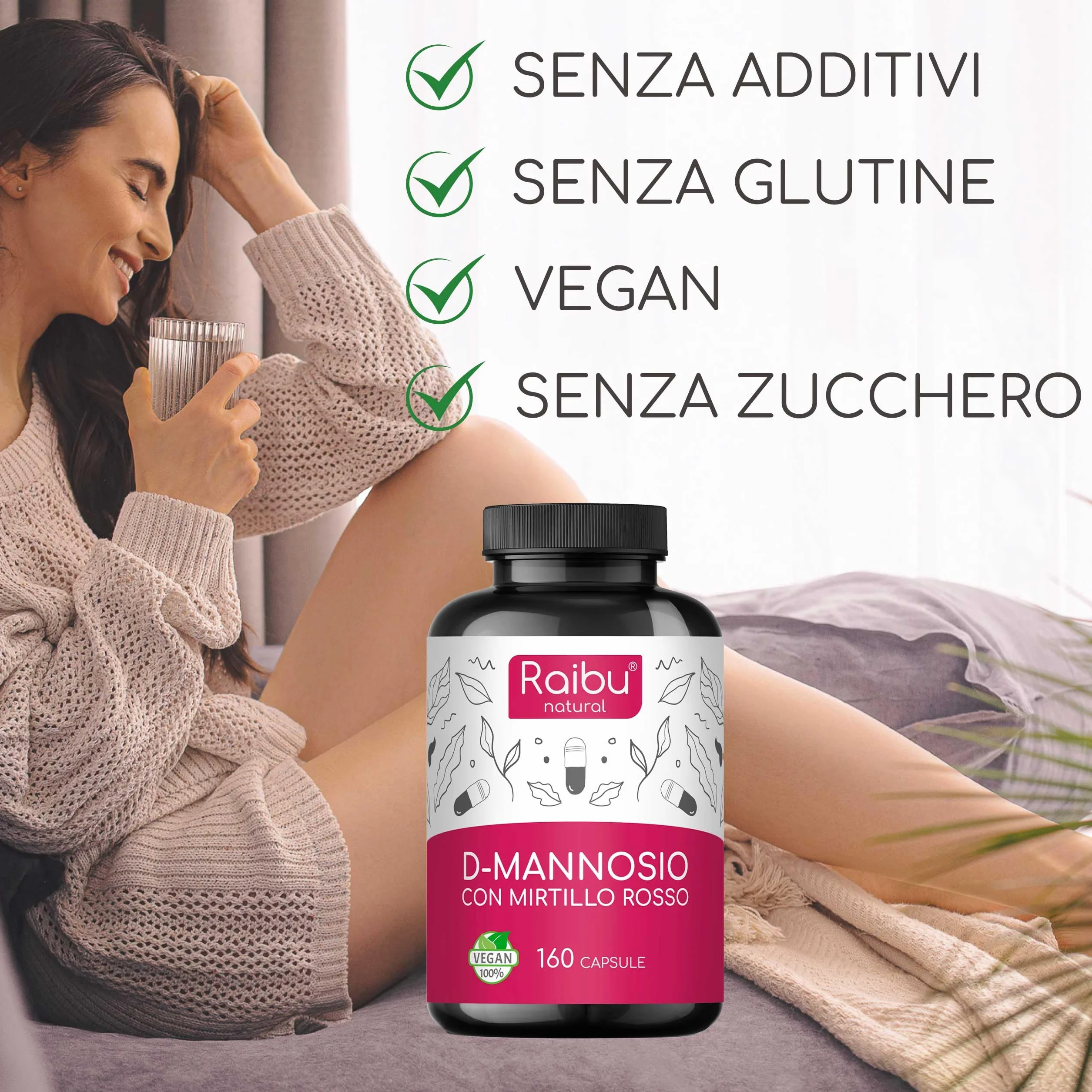 D-Mannosio PURO 2100mg con Mirtillo Rosso 160 Capsule Integratore per Vie Urinarie
