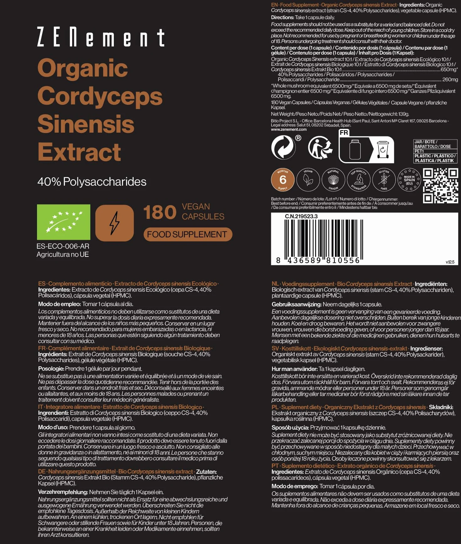 Cordyceps Sinensis Bio | 6500 mg (Estratto CS-4 10:1) alto dosaggio, con il 40% di Polisaccaridi Bioattivi | 180 capsule | 100% biologico, Vegano, Senza Additivi | Zenement