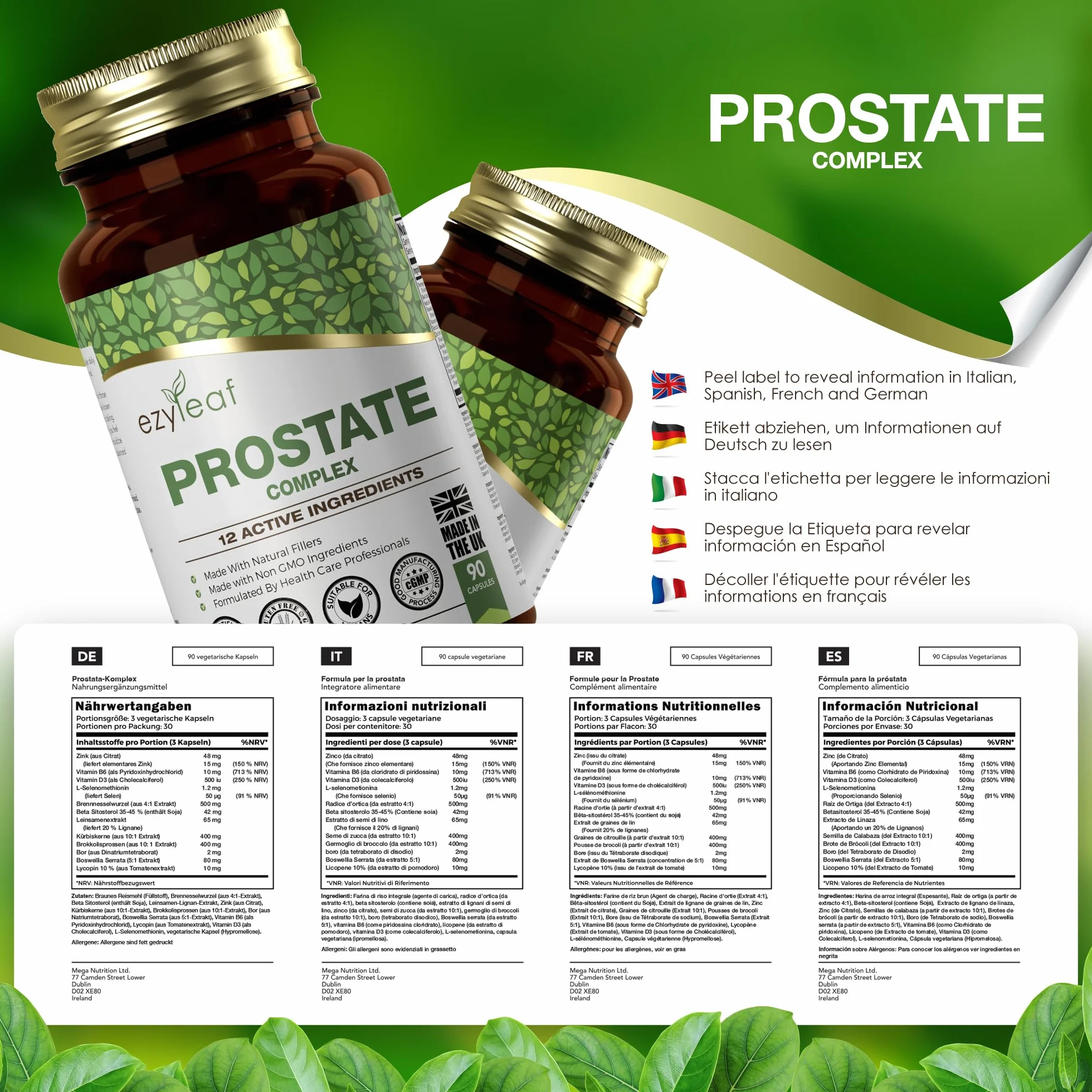Ezyleaf Prostata Formula Integratori Prostata Alta Potenza per Uomini 90 Capsule Ortica Beta Sitosterolo Zinco Semi di Zucca Boswellia Serrata