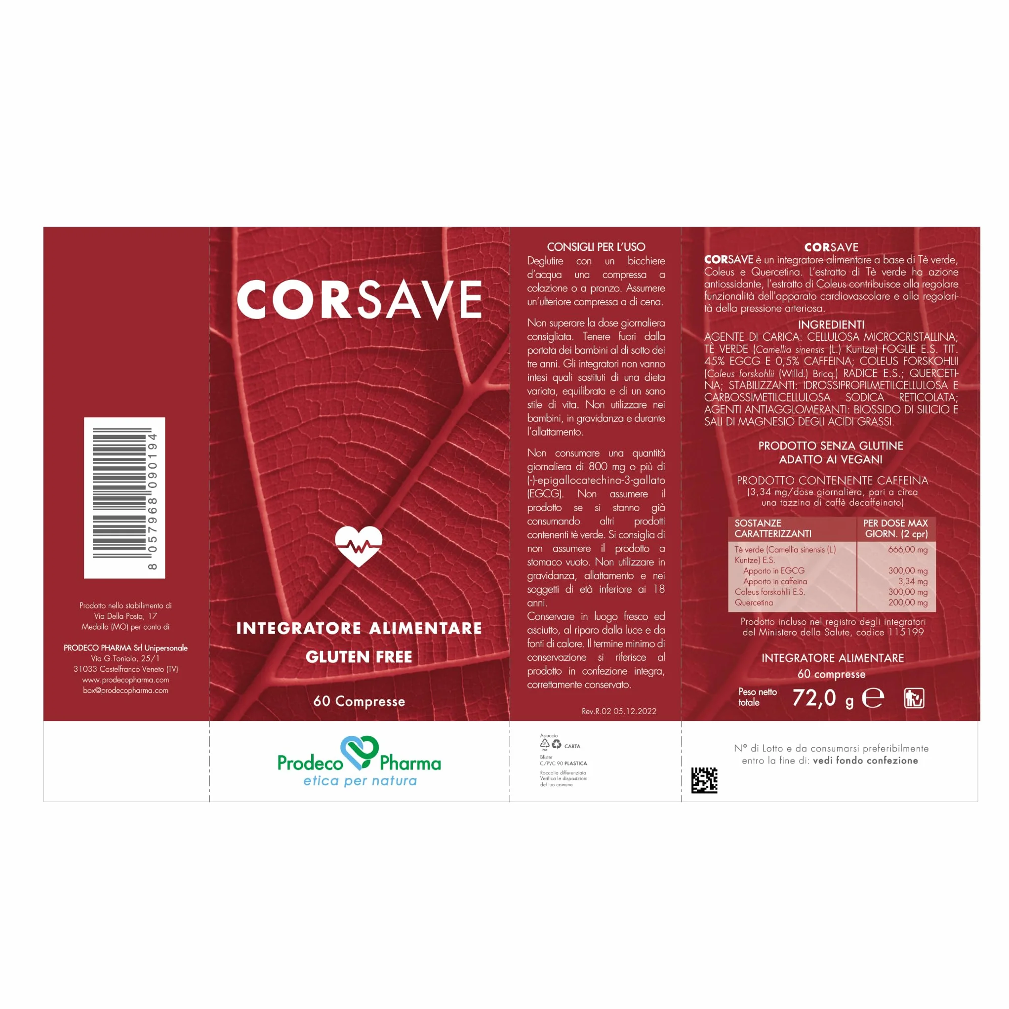 Prodeco Pharma CORSAVE Integratore Alimentare per la Funzionalità Cardiovascolare - 60 Compresse con Tè Verde, Coleus e Quercetina