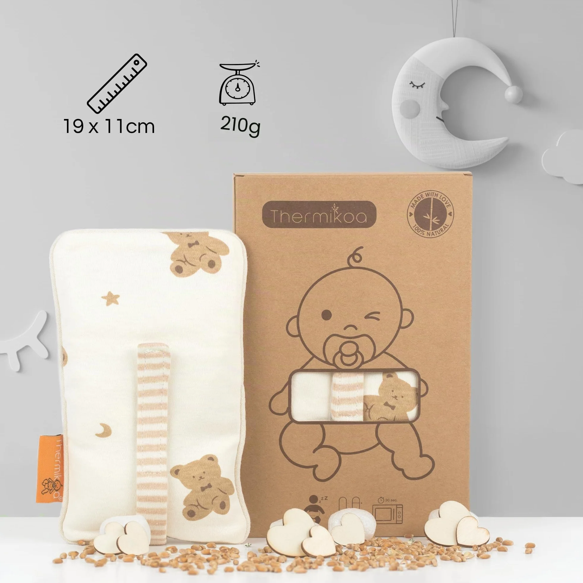 Thermikoa Borsa Acqua Calda Neonato Termica con Semi Naturali Fascia Regolabile per Microonde Cuscino Termico Lavabile Morbido per Pancino Bebè