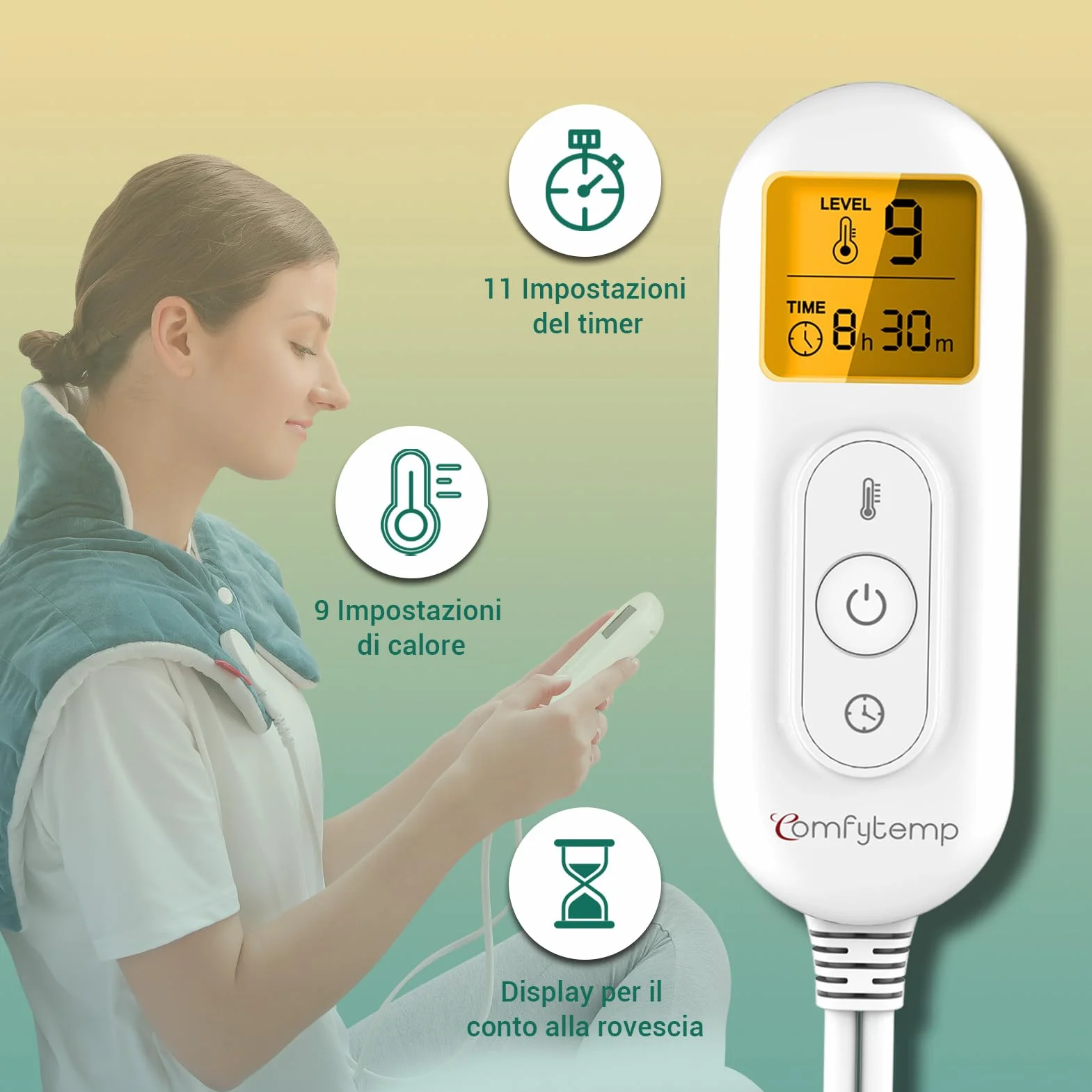 Comfytemp Cuscinetto Termico per Collo, 9 Livelli di Calore, Cuscinetto Termico per Spalla e alla Schiena, Scaldacollo Elettrico per Cervicale, Spegnimento Automatico, Lavabile in Macchina, 48×56cm