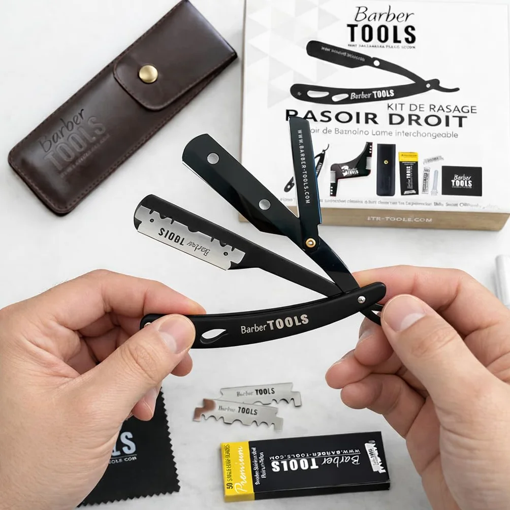 Kit da rasatura uomo - Rasoio per barba uomo/taglio a mano per barba - con 50 Lame Singole + Panno + Stick di allume + Custodia per la conservazione + Pettine guida per rasatura -NERO- BARBER TOOLS