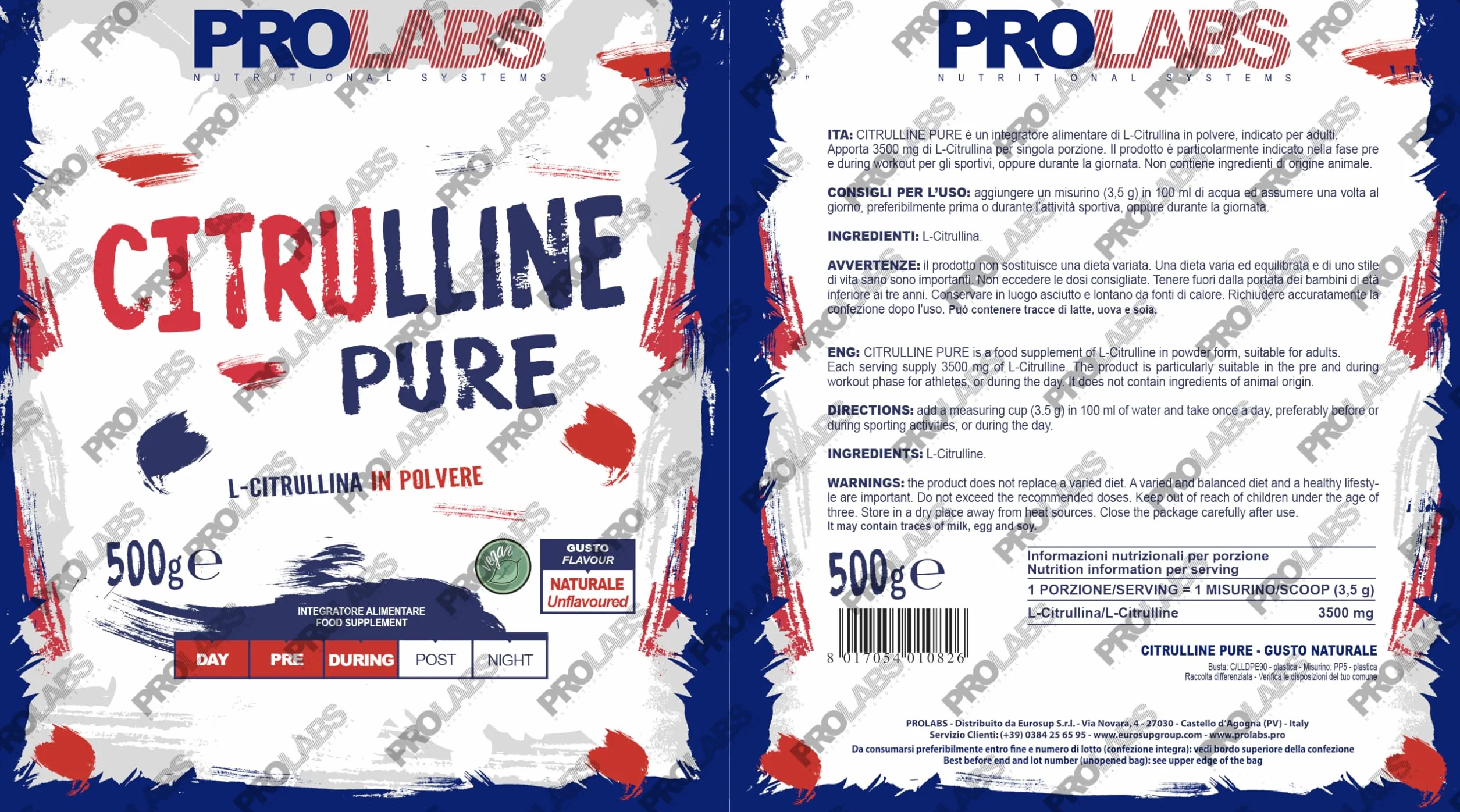 PROLABS – Citrullina PURE in Polvere 100% Pura e Vegan, L-Citrullina 3500mg x Porzione (1 Scoop), Amminoacido per Prestazioni, Forza e Resistenza - Aminoacidi Intra e Pre Workout (500gr, Gusto Neutro)