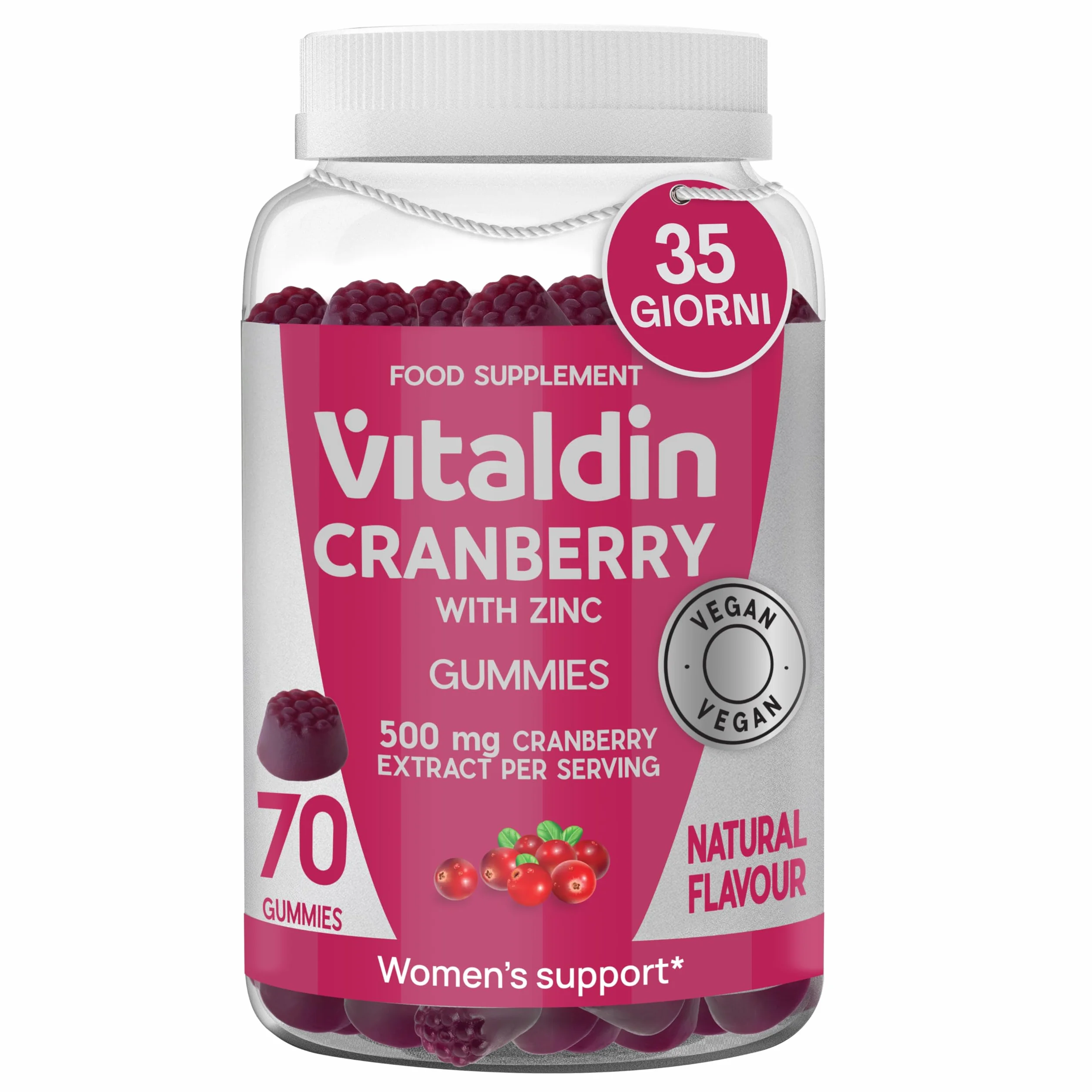 VITALDIN Cranberry Gummies – Integratore di 500 mg di estratto di Mirtillo Rosso + Zinco – 70 Caramelle Gommose, Gusto Mirtilli Rossi – Aiuto delle Vie Urinarie – Vegano