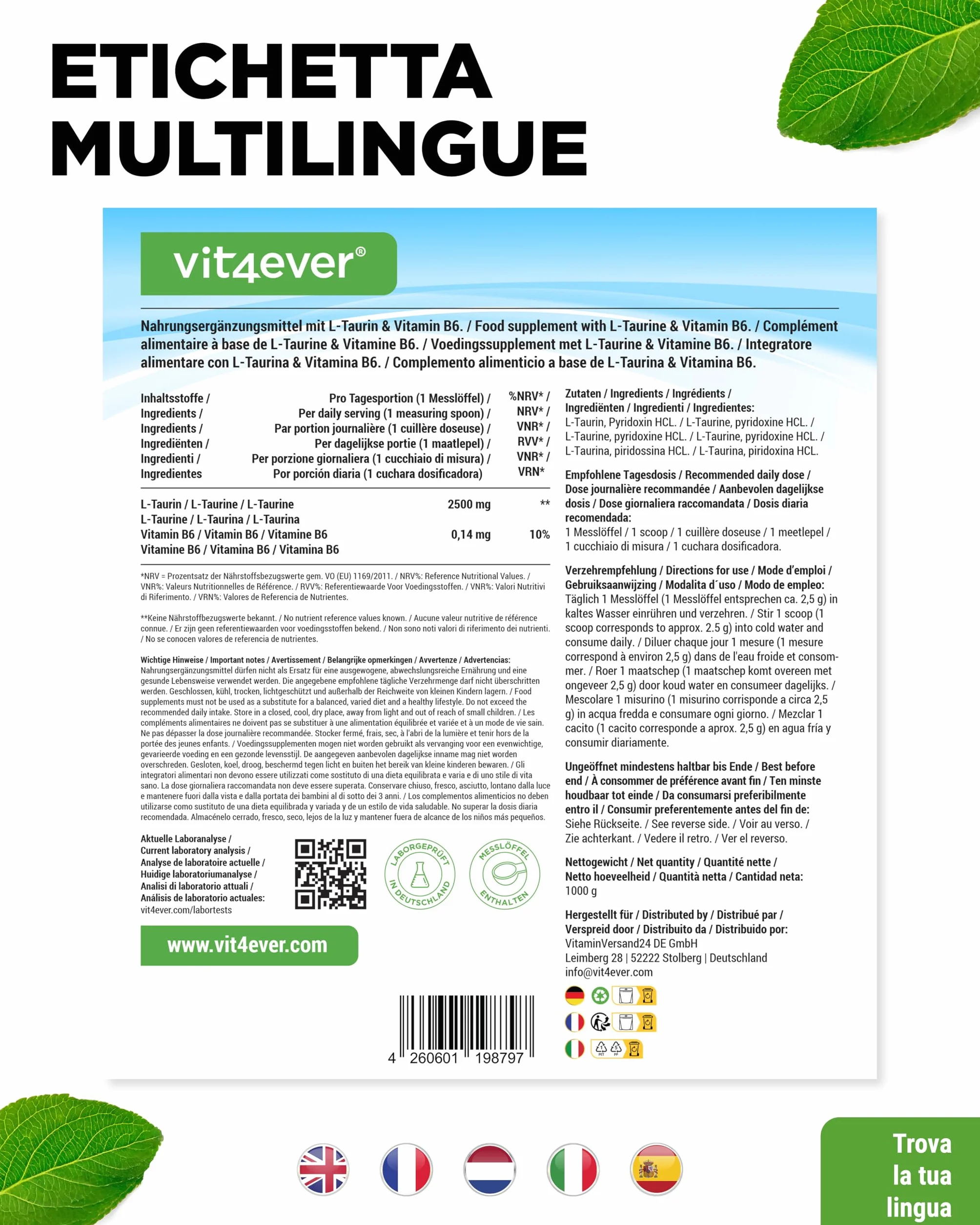 Polvere di L-Taurina 1000 g (1 kg) Vegano Purezza 99%