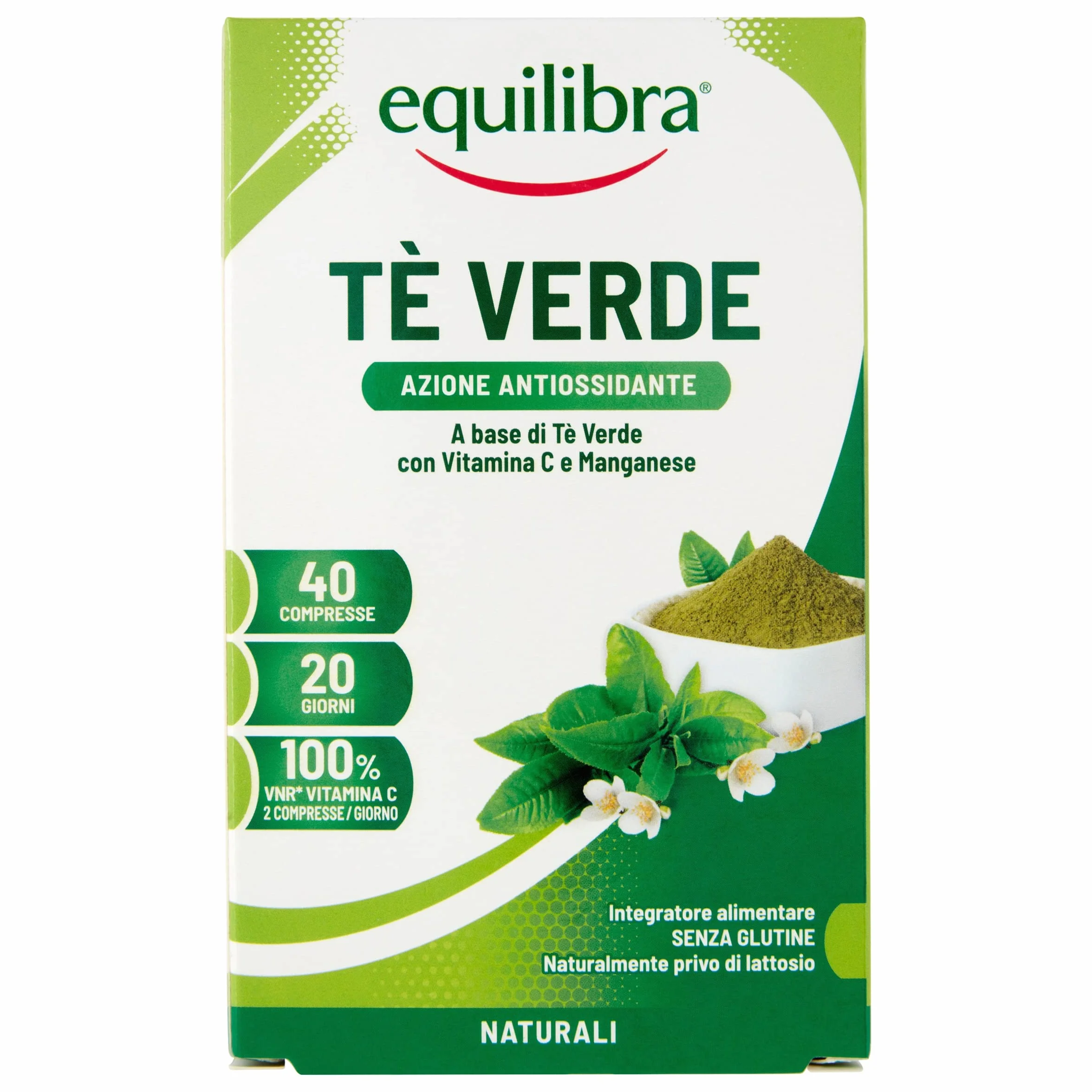 Equilibra Integratori Alimentari, Tè Verde, Integratore Antiossidante con Vitamina C e Manganese, Drenaggio dei Liquidi Corporei e Protezione delle Cellule dallo Stress Ossidativo, 40 Compresse