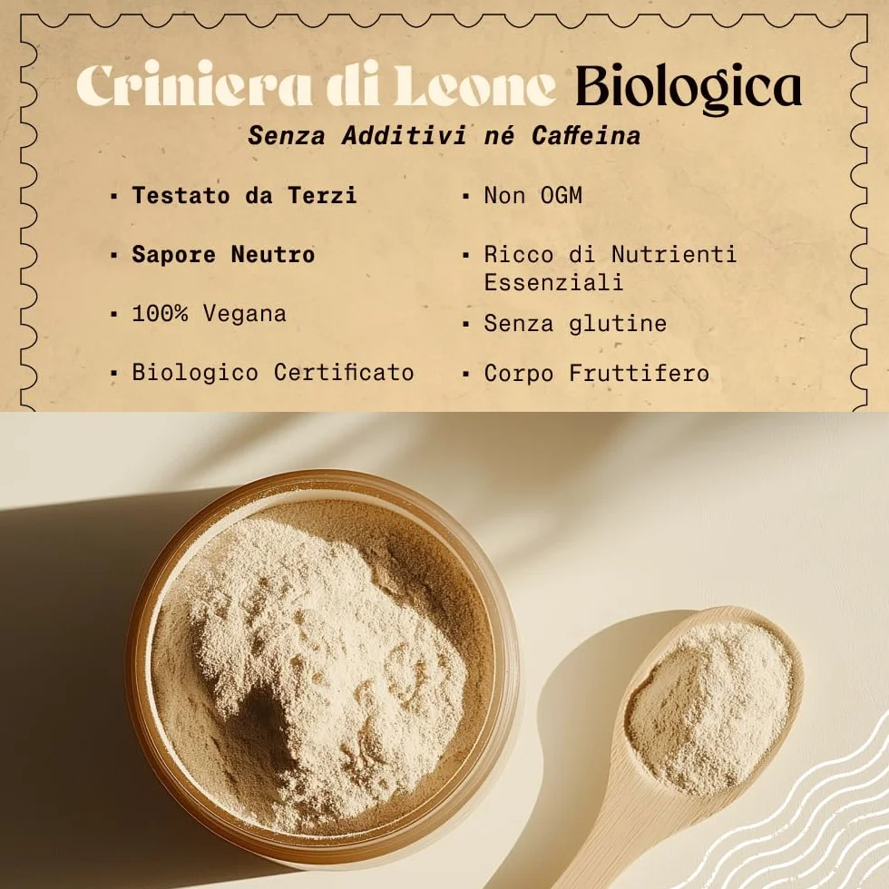 NaturaleBio Criniera di Leone in Polvere 200g | Biologica, Vegana, Senza Glutine, Non OGM | Supporta Funzioni Cognitive, Intestino e Sistema Immunitario | Facile da Assumere