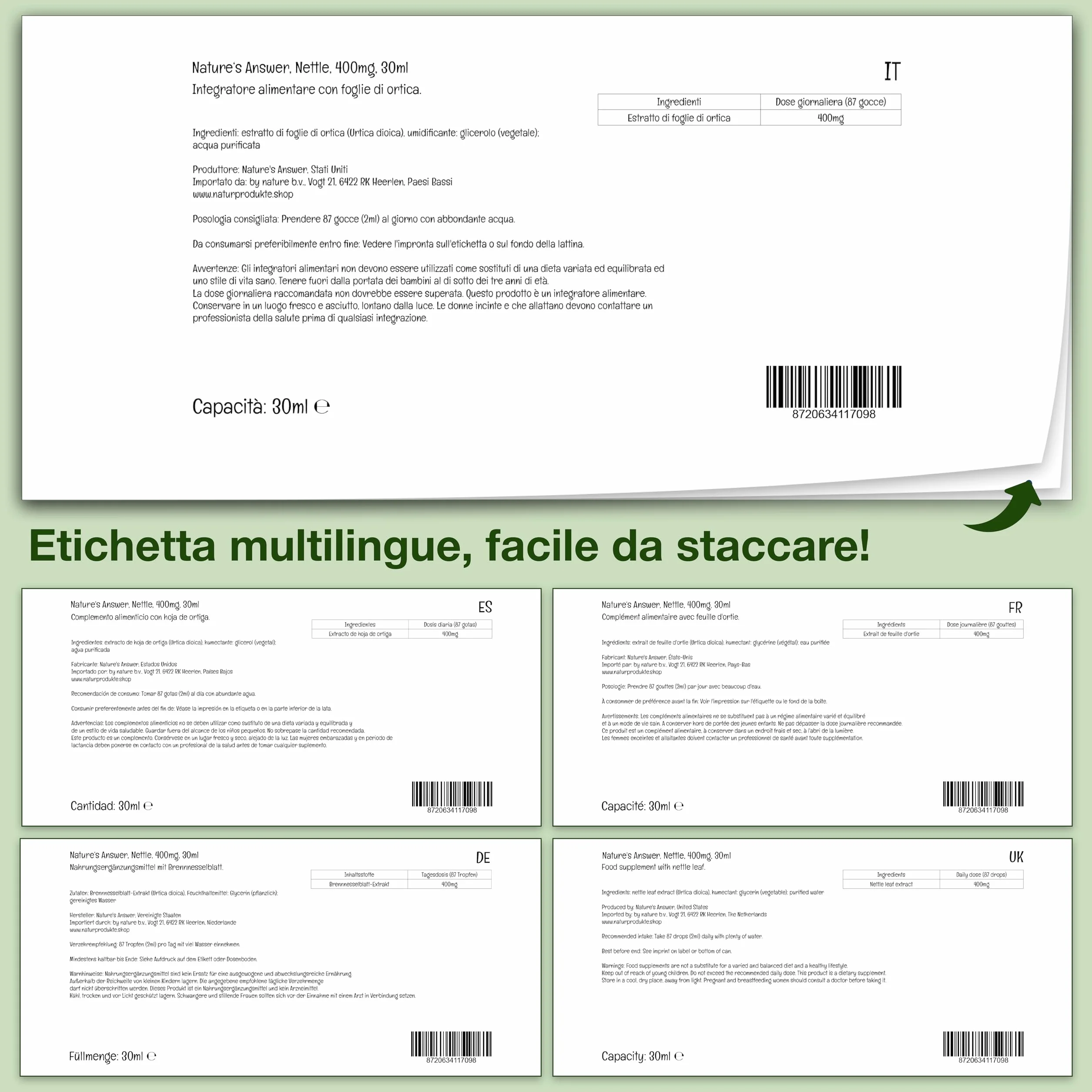 Nature's Answer Nettle Extract Estratto di Ortica 400mg 30ml Senza Glutine Vegano Non OGM