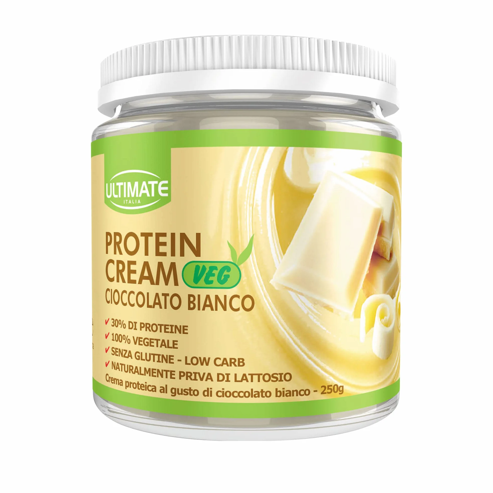 Ultimate Italia - Crema proteica al 30% spalmabile, senza zuccheri - 250g - gusto cioccolato bianco - senza lattosio e glutine - 100% vegetale - poche calorie, con vitamine