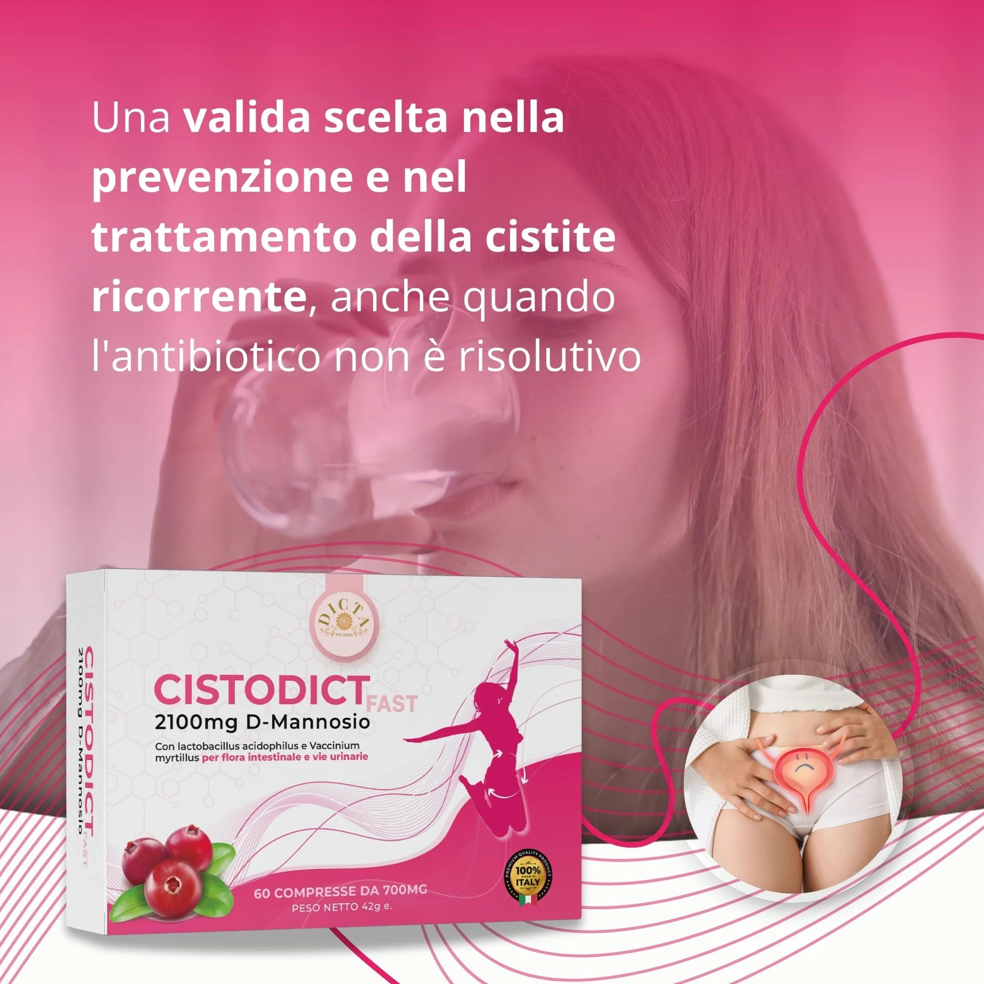 D Mannosio Puro 2100mg 60 cpr per Vie Urinarie Donna con Mirtillo Rosso, Agrimonia, Lactobacillus e Inulina