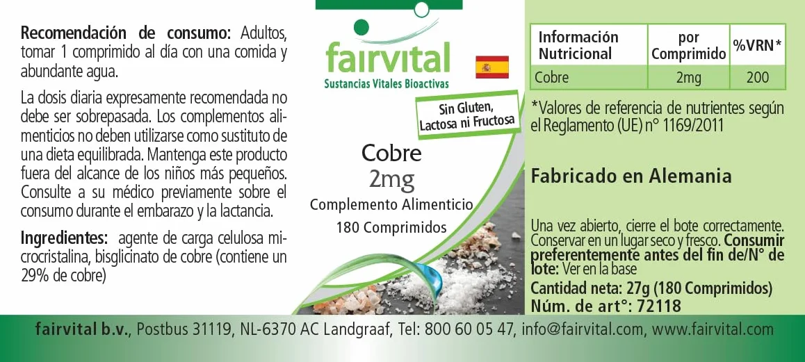 fairvital Rame 2 mg, 180 compresse, facili da deglutire, bisglicinato di rame, qualità testata e ad alto dosaggio, 100% vegano, Made in Germany