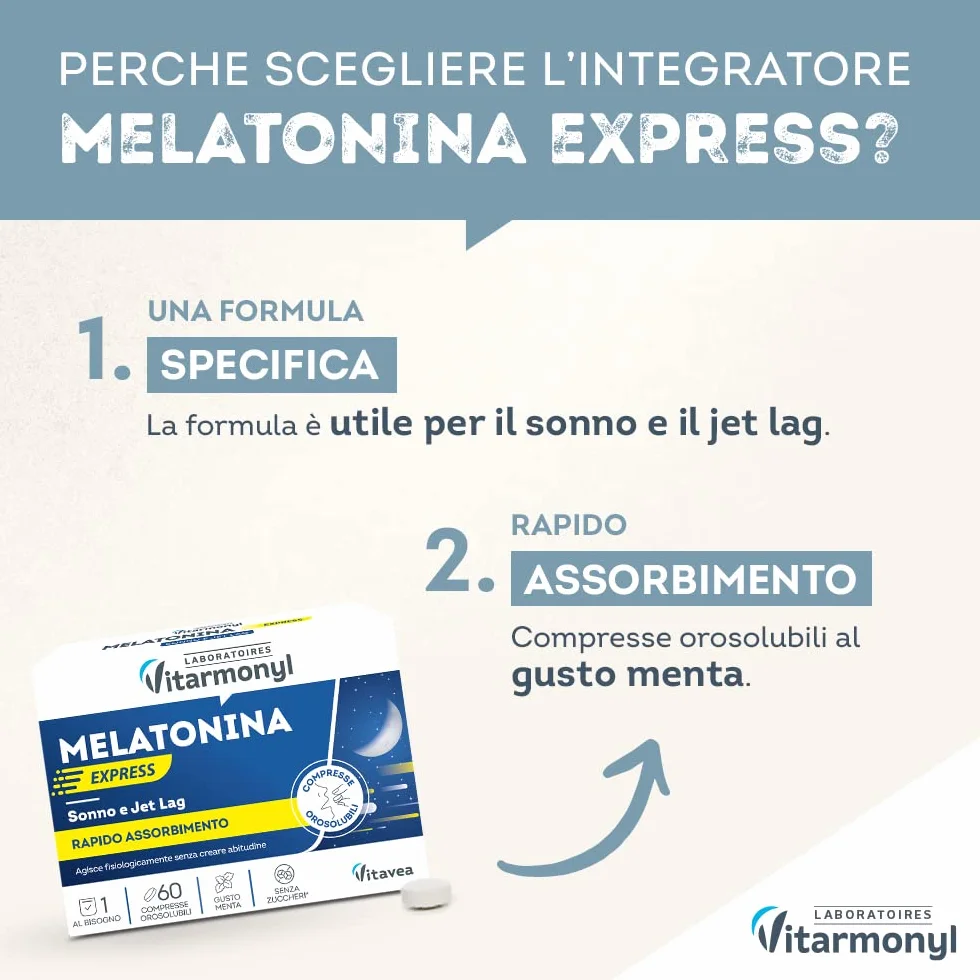 Vitarmonyl Melatonina Express 1 mg Integratore Sonno Jet Lag Compresse Orosolubili Rapido Assorbimento Gusto Menta 60 Compresse