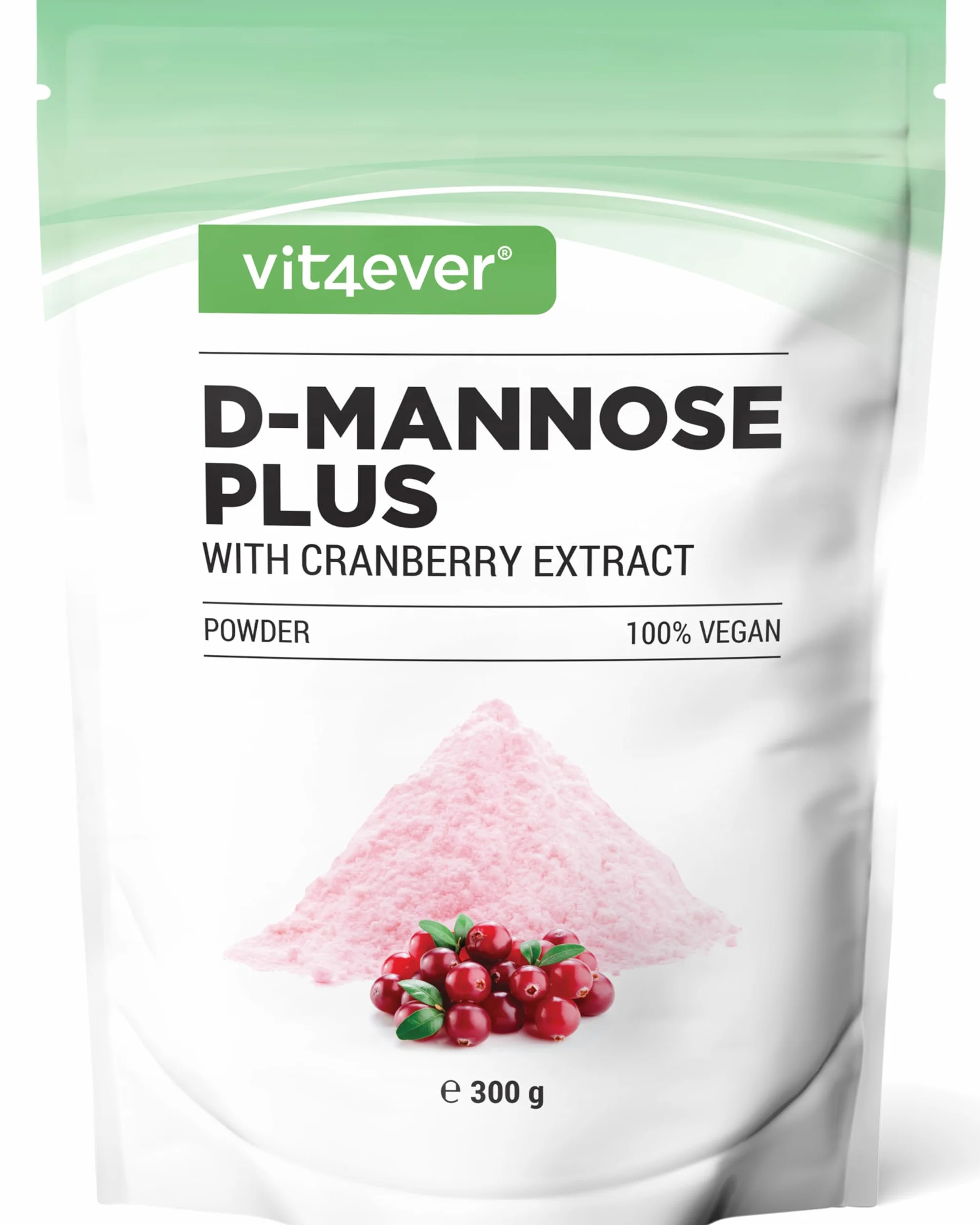 Vit4ever D-Mannosio in Polvere con Cranberry 2000 mg + 500 mg - 300 g - 120 Applicazioni - Vegano