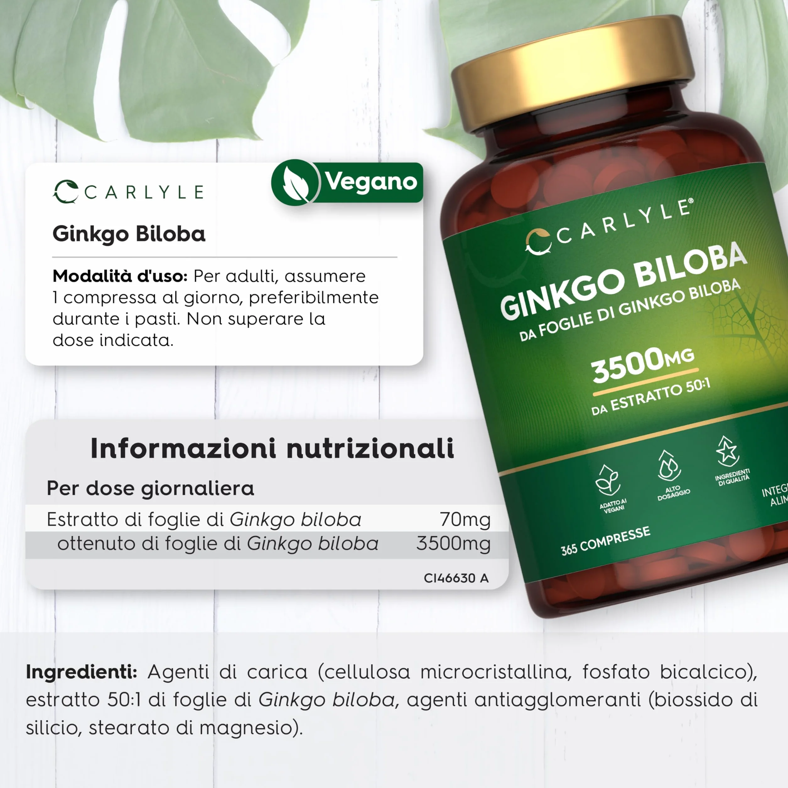 Ginkgo Biloba 3500mg | 365 Compresse | Capsule di estratto di Ginkgo | Fornitura per 1 anno | Alto Dossagio | Carlyle