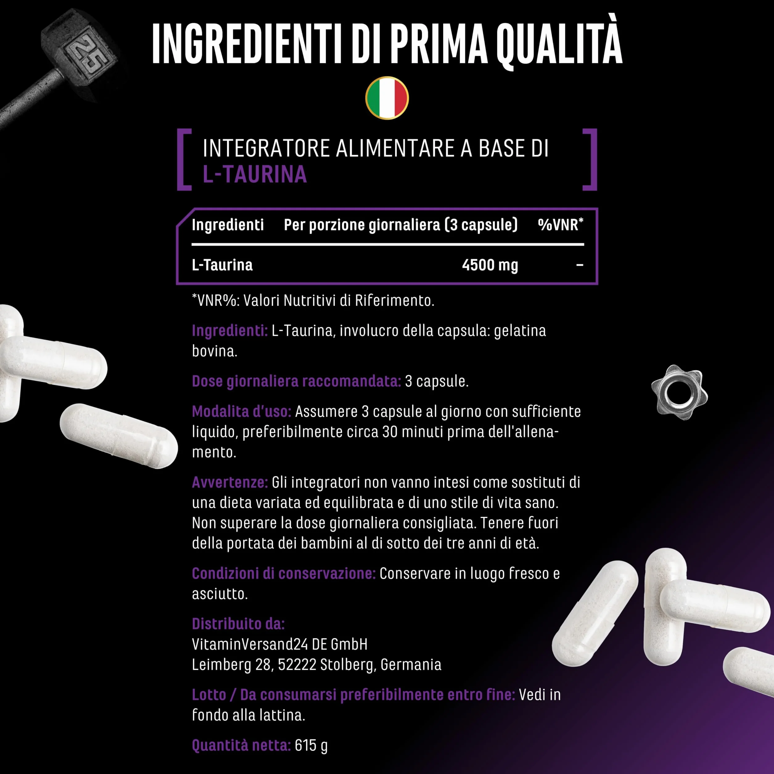 L-Taurin Ultra Caps 365 capsules 1500 mg par capsule Taurine acide aminé 99% de pureté
