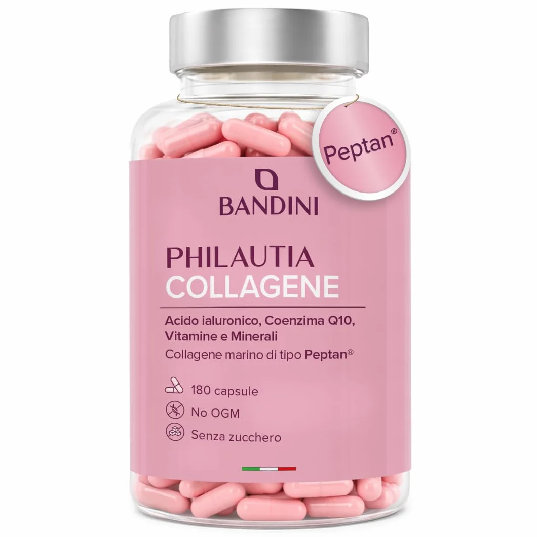 Bandini Collagene Peptan Acido Ialuronico 180 Capsule, Collagene Marino Idrolizzato Tipo 1 con Coenzima Q10, Vitamina C, Biotina, Zinco e Selenio, Integratore per Articolazioni, Pelle e Ossa