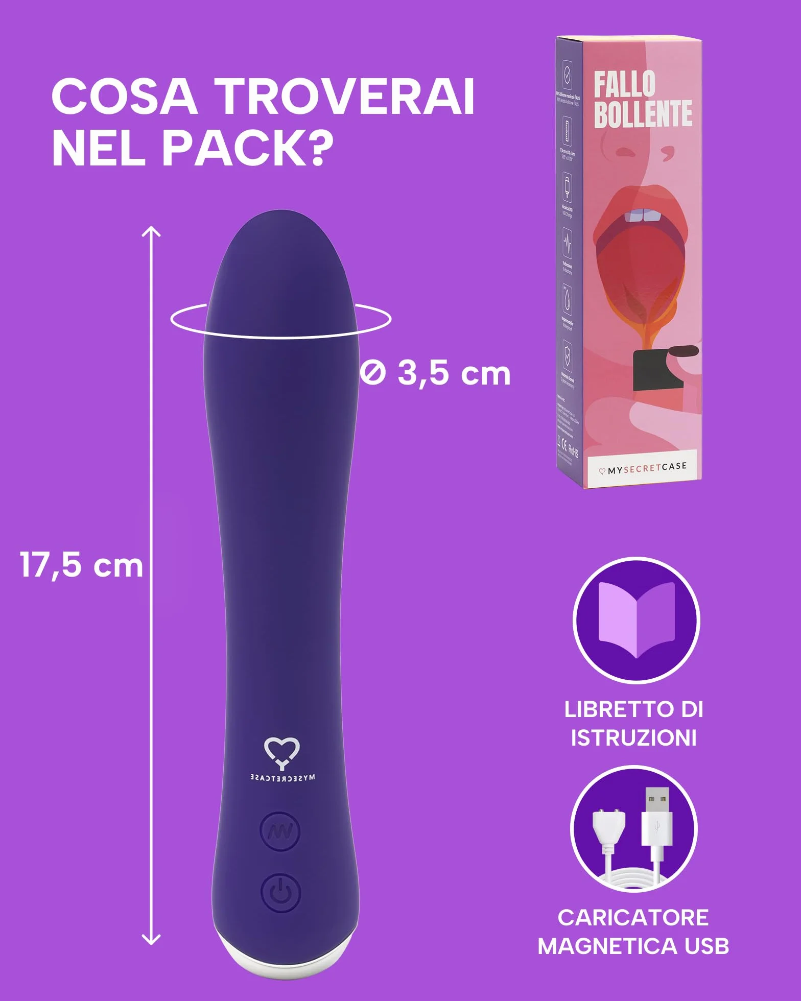 MySecretCase Vibratore Professionale Riscaldato 40°, 9 Modalità Vibrazione, Ricaricabile USB, Waterproof