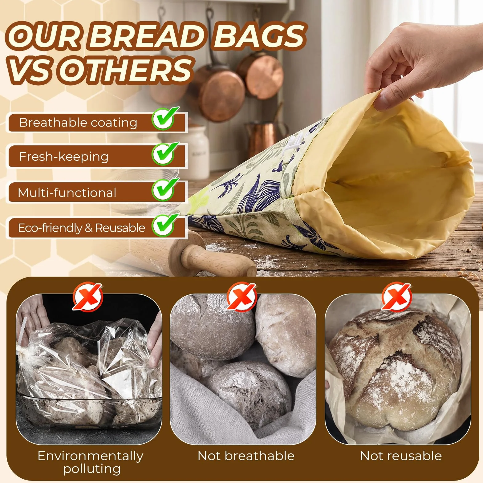 Sacchetti per il pane di cera d'api, 43×33 cm, cotone rivestito in cera d'api naturale, confezione da 2