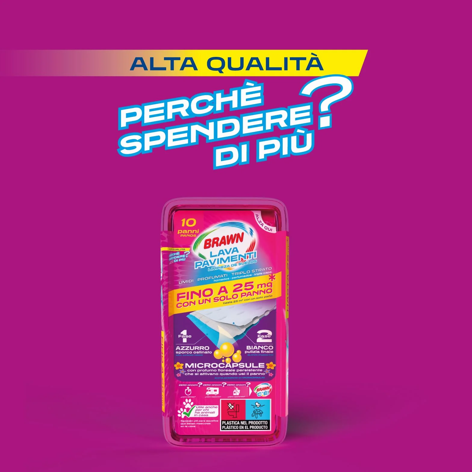 Brawn Lavapavimenti Panni Umidificati Microcapsule Profumate Tessuto Ultra Spesso Triplo Strato 25 mq Confezione 10 Panni