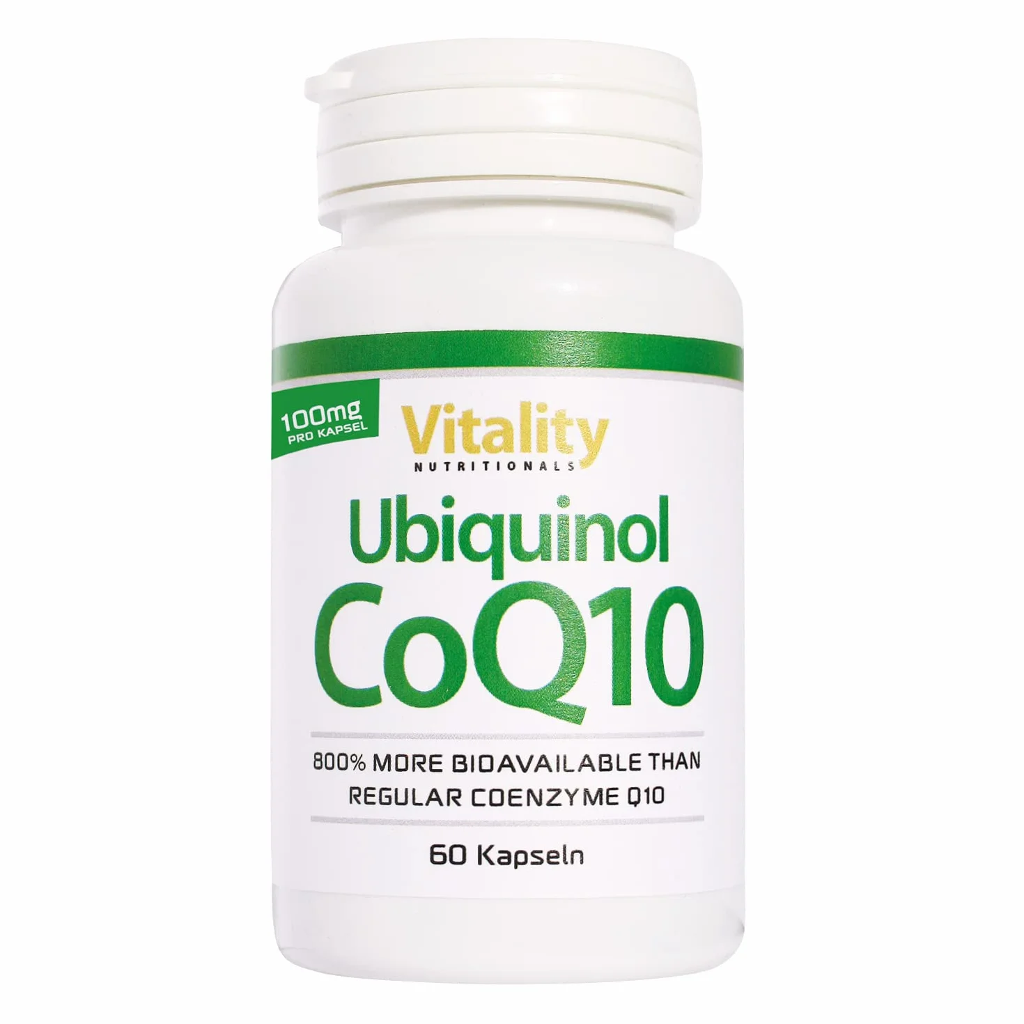 Vitality Nutritionals Coenzima q10, Ubiquinolo fino all'800% più biodisponibile del normale CoQ10, 100 mg di ubichinolo. Senza additivi. Energia Antiossidanti Anti-invecchiamento. Ubiquinol CoQ10