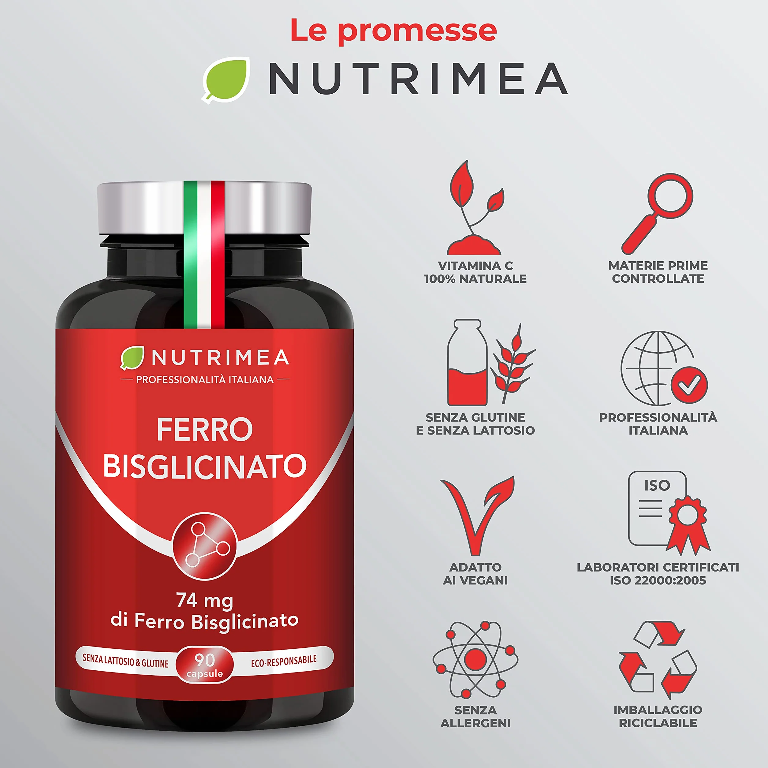 Ferro Bisglicinato | Integratore con Vitamina C | Per Stanchezza Fisica e Anemia | Elevata Tollerabilità Intestinale | Normale Funzione dei Glubuli Rossi e dell'Emoglobina | 90 Capsule
