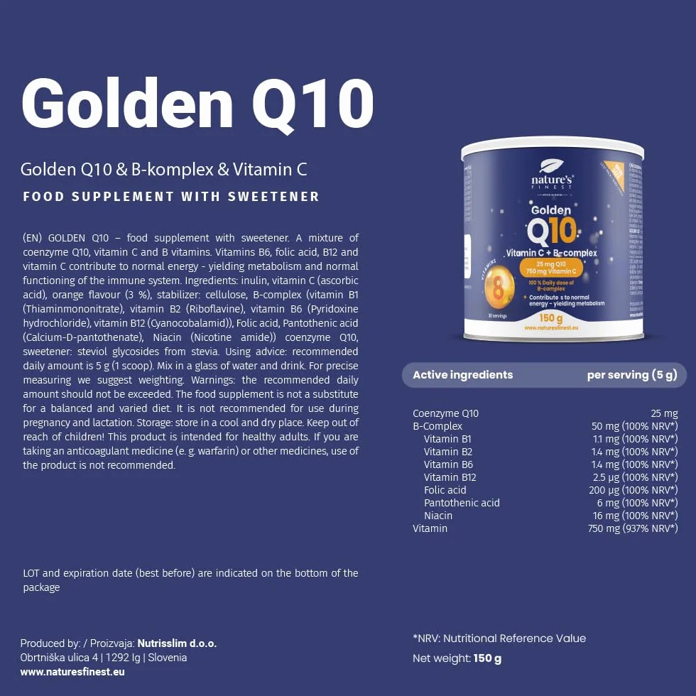 Nature's Finest Golden Q10, 150 g - Coenzima Q10 con Vitamina C in Polvere e Complesso Vitamina B - Integratore Alimentare in Polvere Gusto Arancia