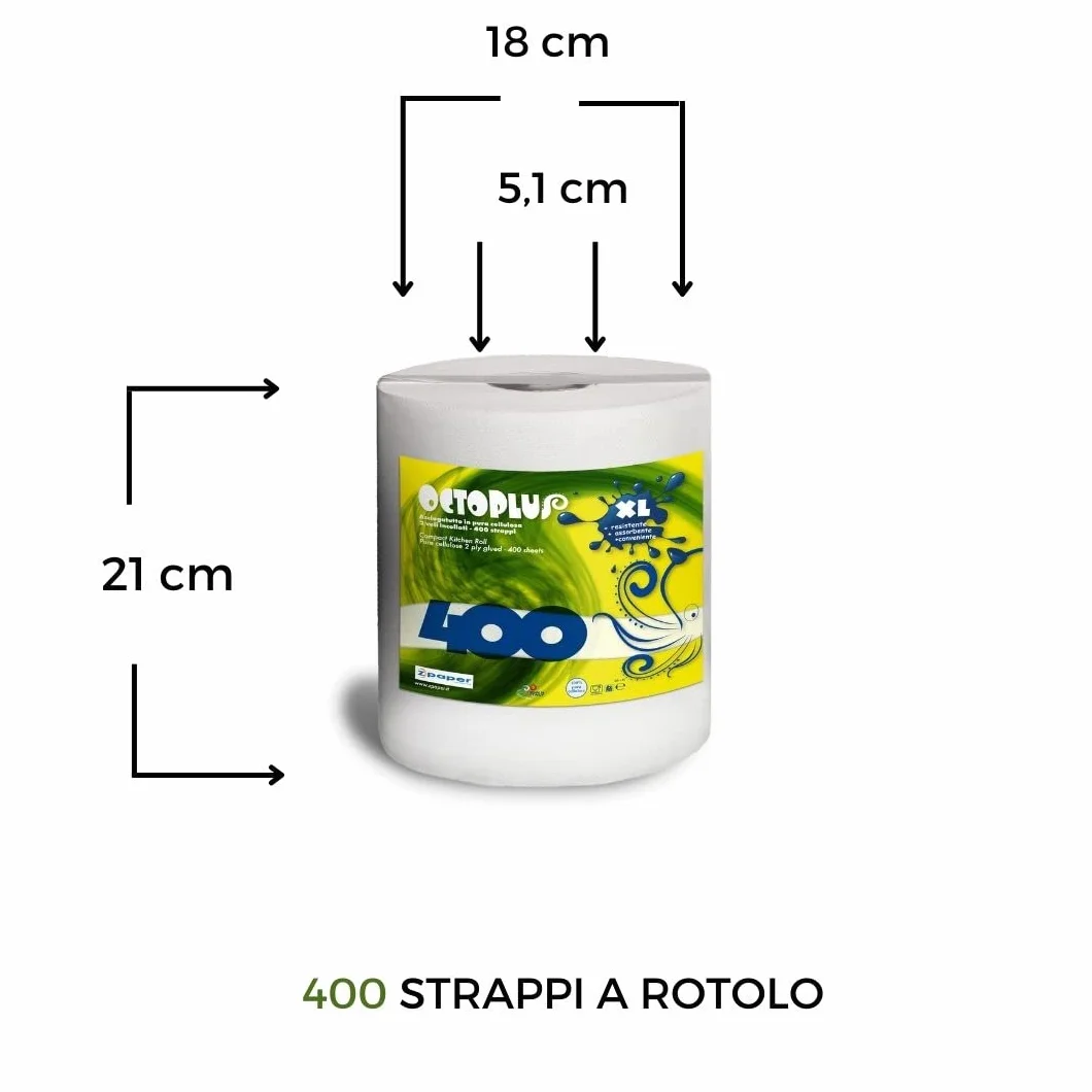 OCTOPLUS 6 Monorotoli 2400 Strappi Rotoli Asciugatutto 400 Strappi Maniglia carta 100% Pura Cellulosa 2 Veli Bobina Asciugamano