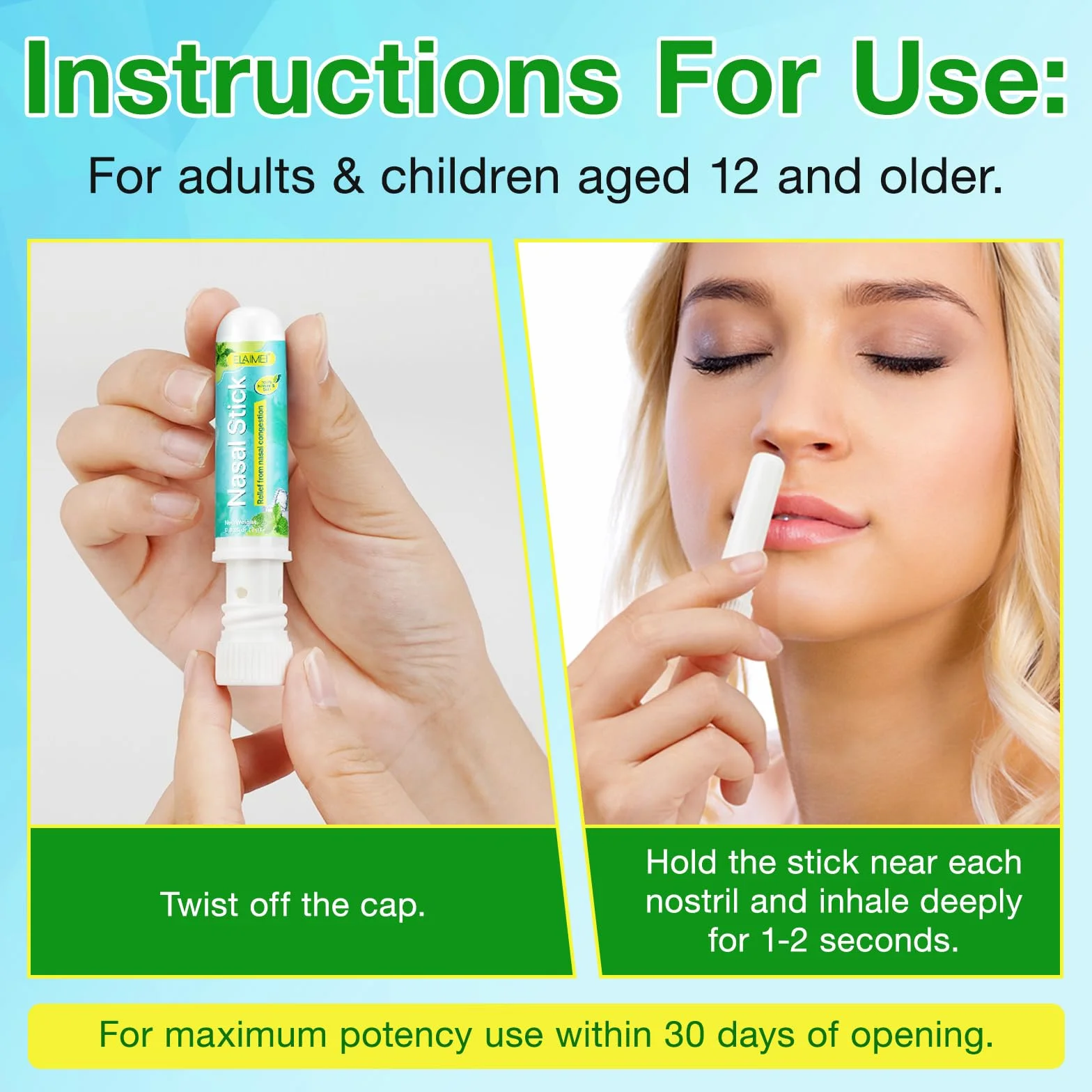 Nasal Stick 4 Pack, Inalatore Nasale, Rapido Sollievo dal Naso Chiuso, Migliora la Respirazione e Aumenta la Concentrazione, Realizzato con Oli Essenziali e Mentolo