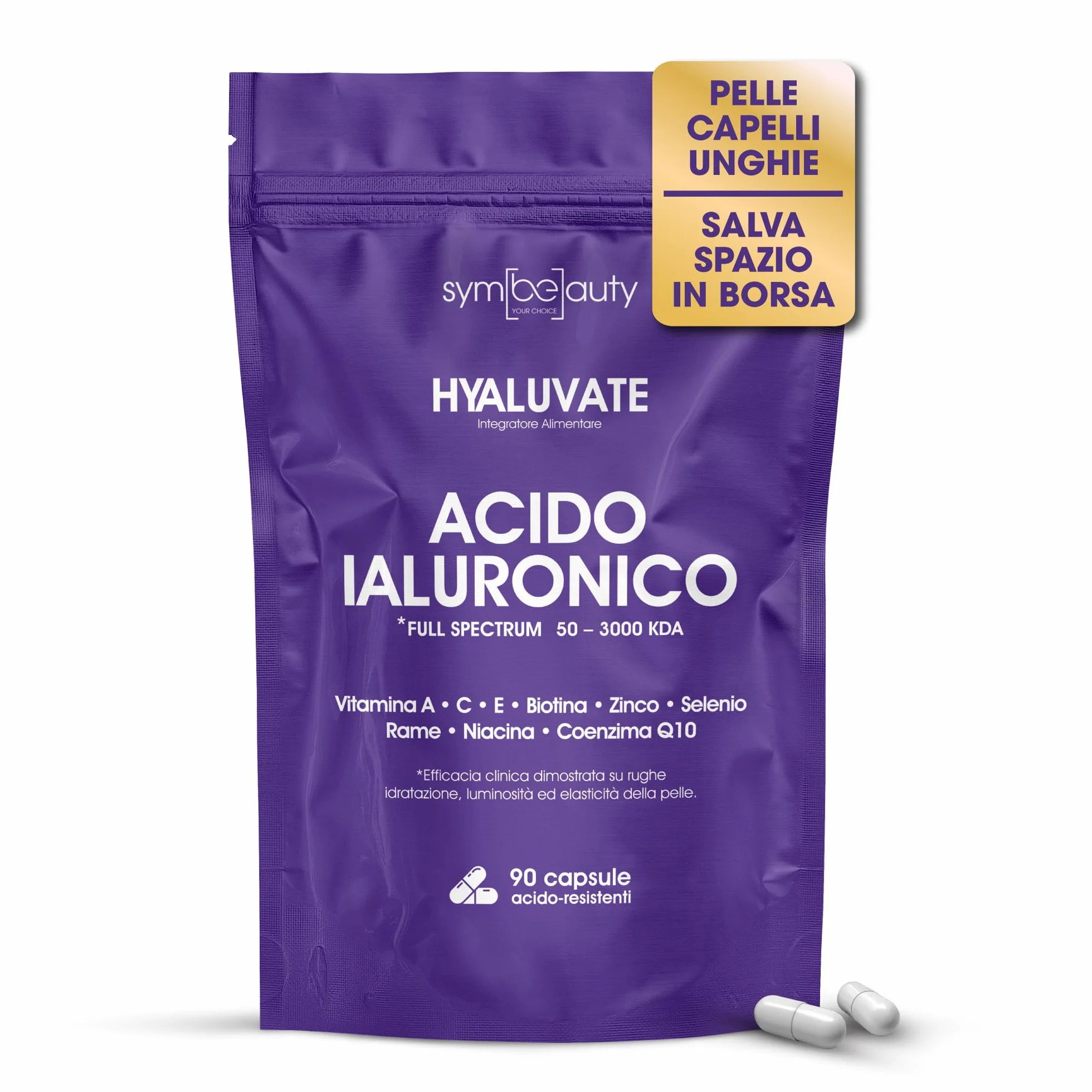 HYALUVATE Integratore Capelli Donna con Acido Ialuronico Puro + Biotina 3 Mesi - Vitamine per Capelli, Pelle e Unghie, Zinco e Vitamina C, Vegan, 90 Capsule Acidoresistenti