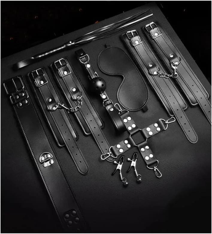 Sex Bondage Kit 10 Pezzi Pelle Nera Regolabile con Manette e Piuma Bastone