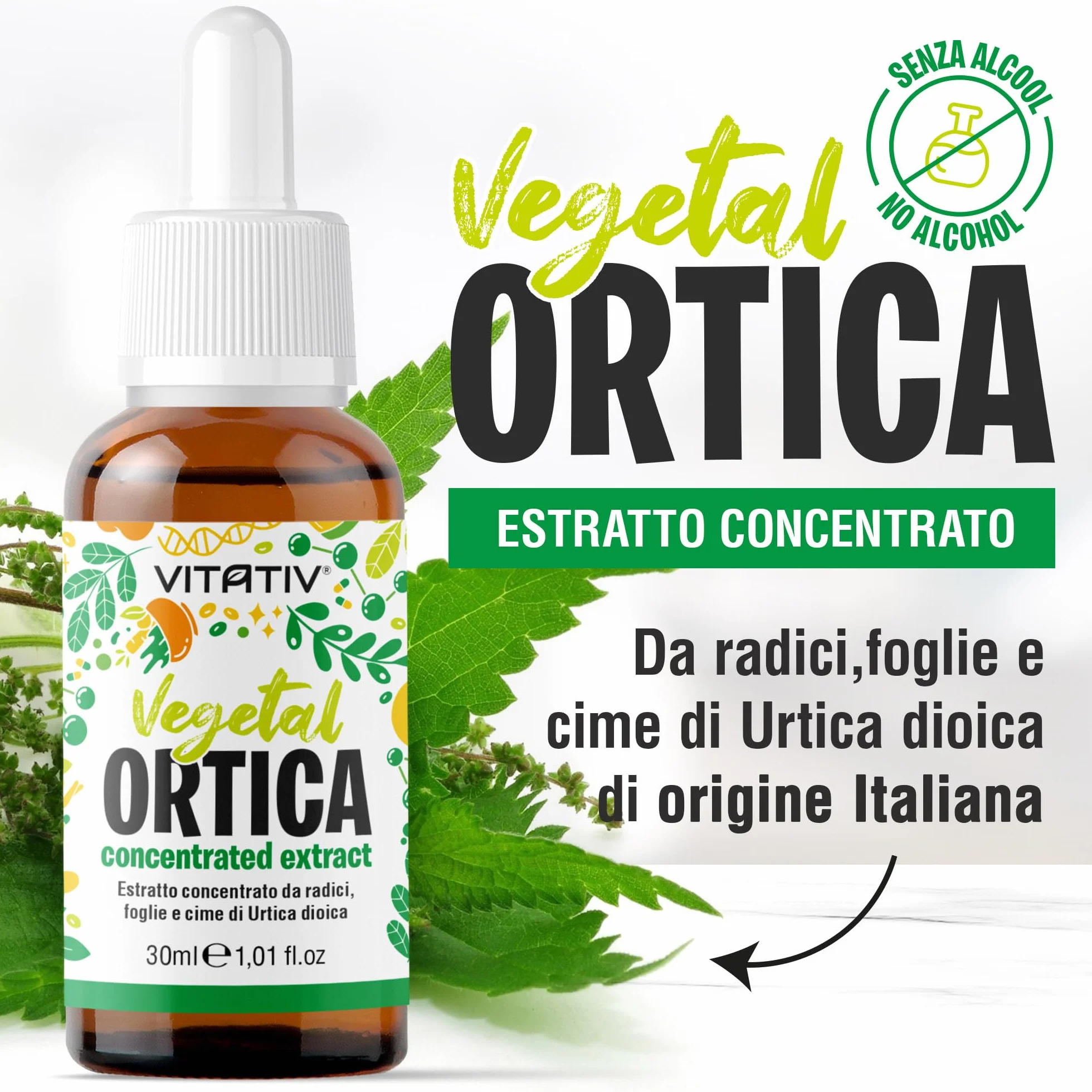 Vitativ Ortica Urtica Dioica Estratto Concentrato Analcolico Liquido Gocce 30 ml Vegano
