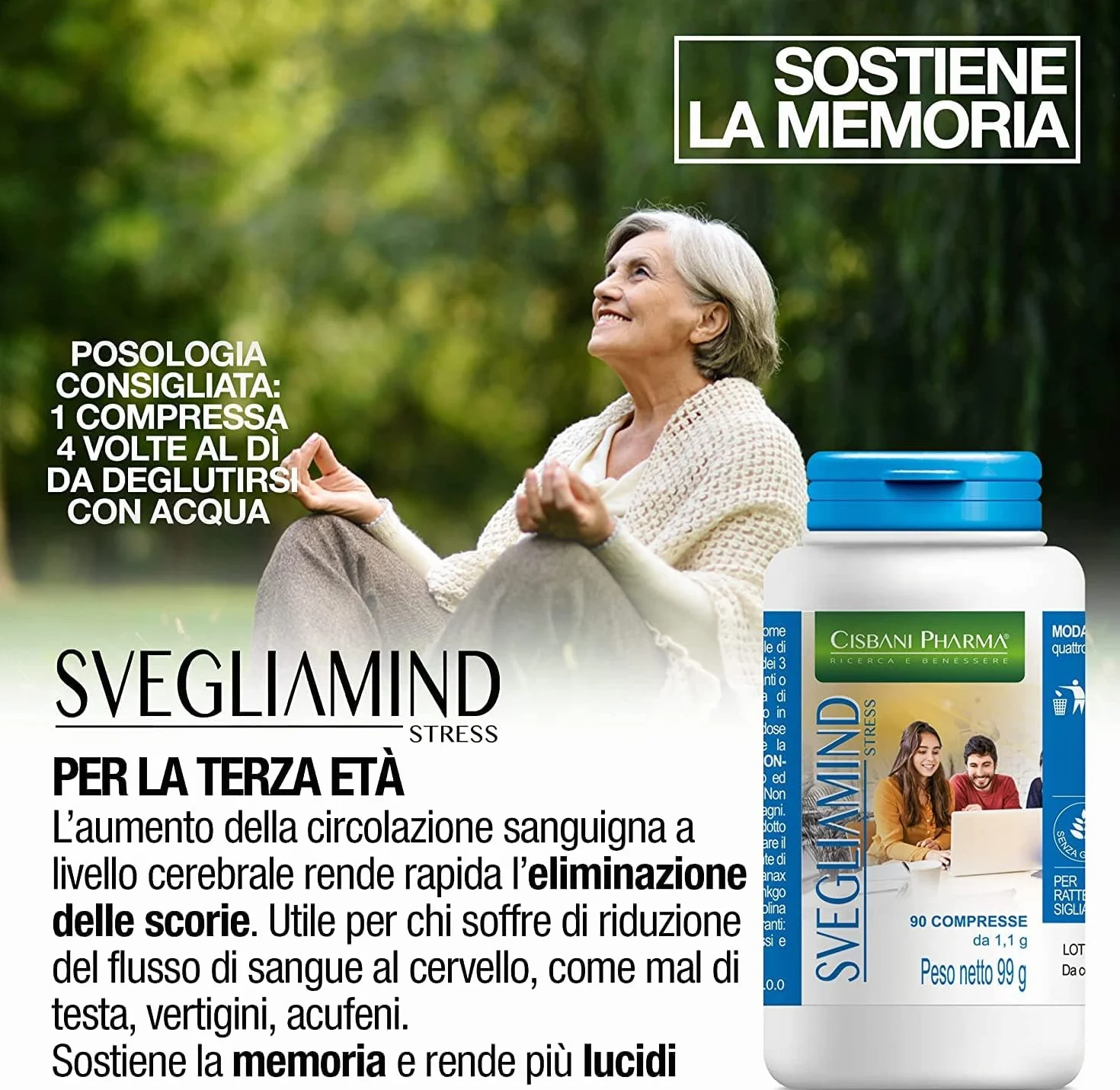 CISBANI PHARMA SVEGLIAMIND, Integratore Nootropico per Concentrazione e Memoria - 90 compresse con Ginkgo Biloba, Fosforo, Magnesio, Taurina, Ginseng, Vitamina b6 e Colina, Riduce la stanchezza