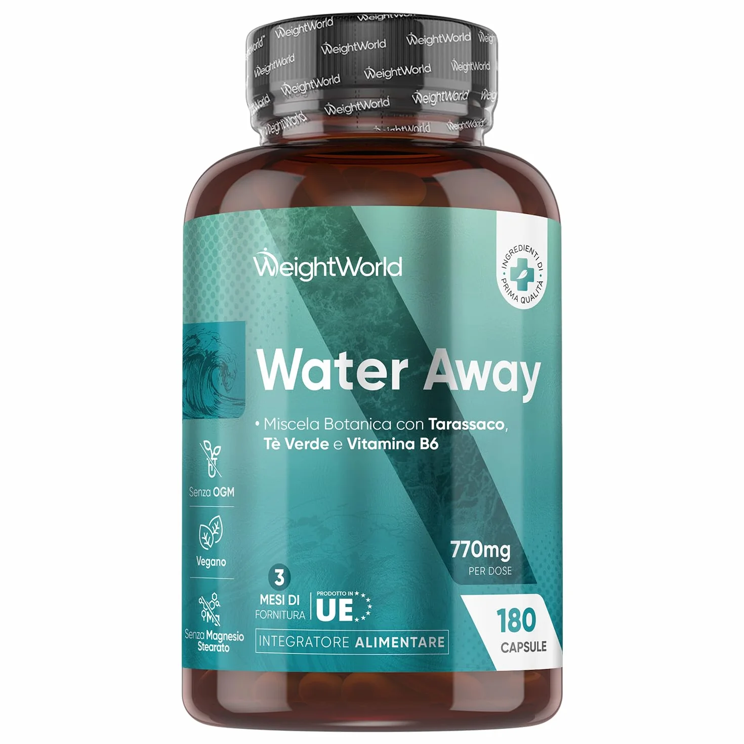 Water Away 180 Capsule Vegane 770mg per Dose Tarassaco con Te Verde e Vitamina B6