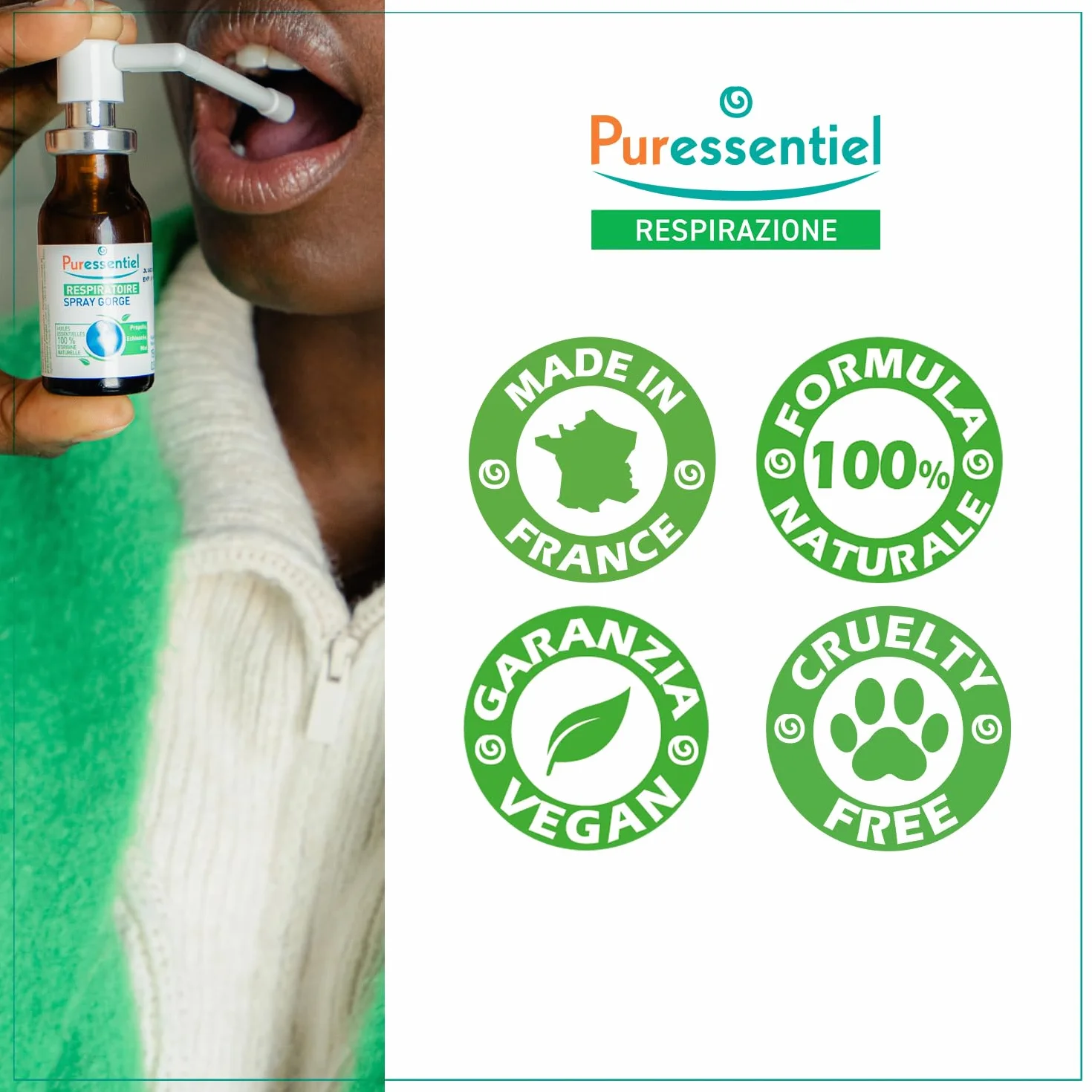 Puressentiel Respirazione, Spray Gola, Formula 100% di Origine Naturale, per il Benessere della Gola e la Funzionalità delle Prime vie Respiratorie, Vegan e Cruelty Free, 15 ml