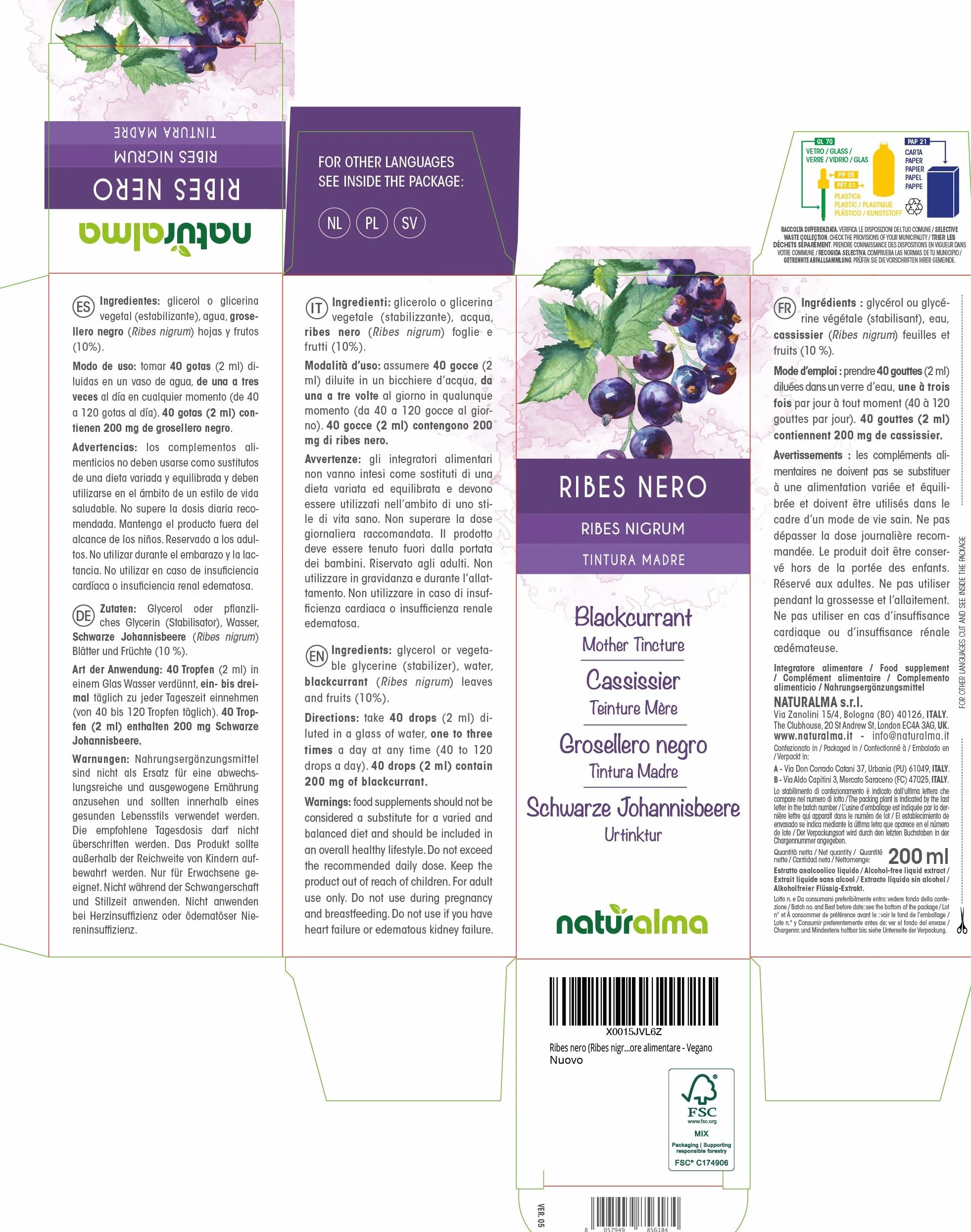 Ribes nero (Ribes nigrum) foglie e frutti Tintura Madre analcoolica Naturalma - Estratto liquido gocce 200 ml - Integratore alimentare - Vegano