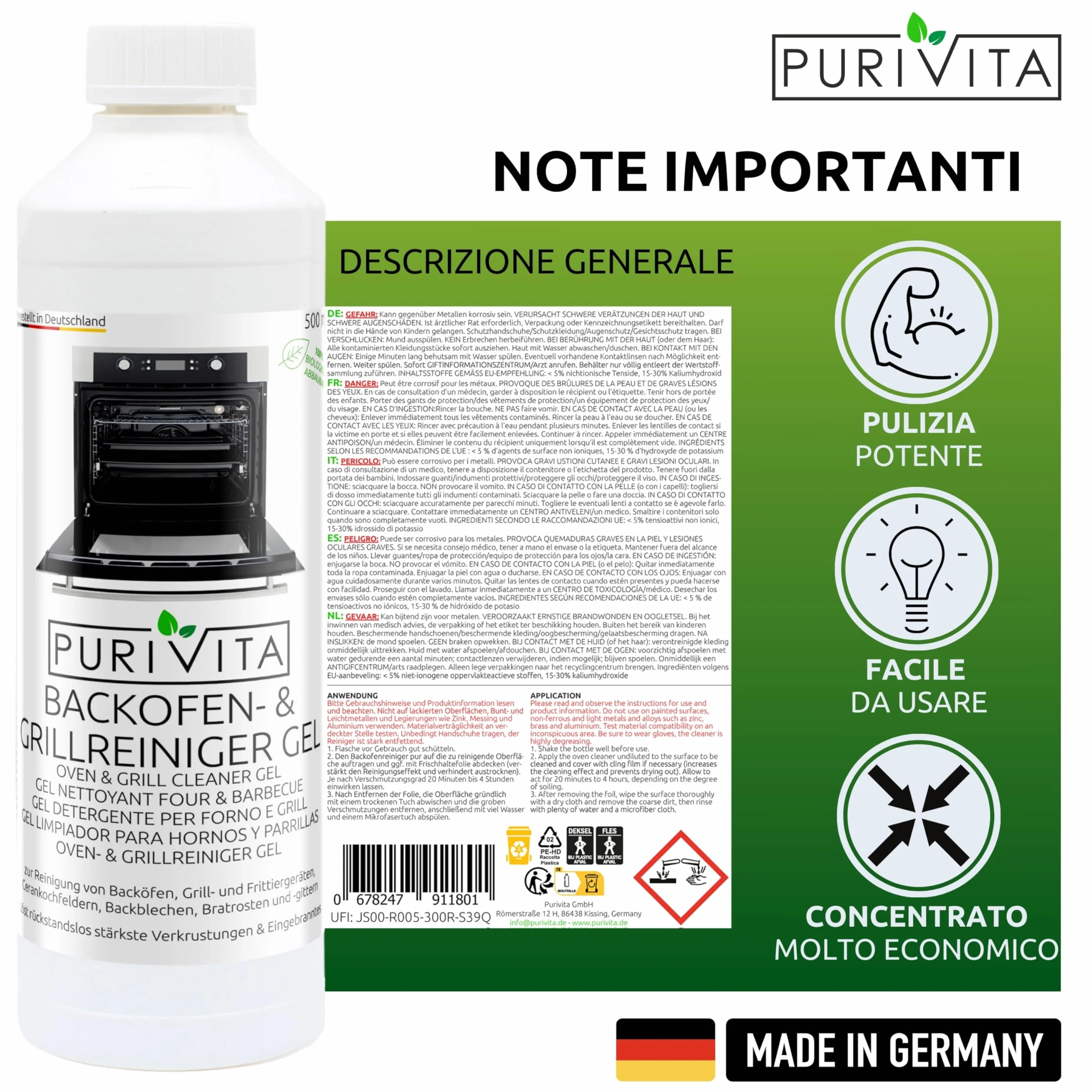PURIVITA® Pulizia Fornr & Barbecue Grill Gel Liquido [500ML] - Detergente Pulizia Griglia Barbecue - Prodotto per Pulire il Forno & BBQ - Pulisci Forno Gel - Oven & Grill Cleaner