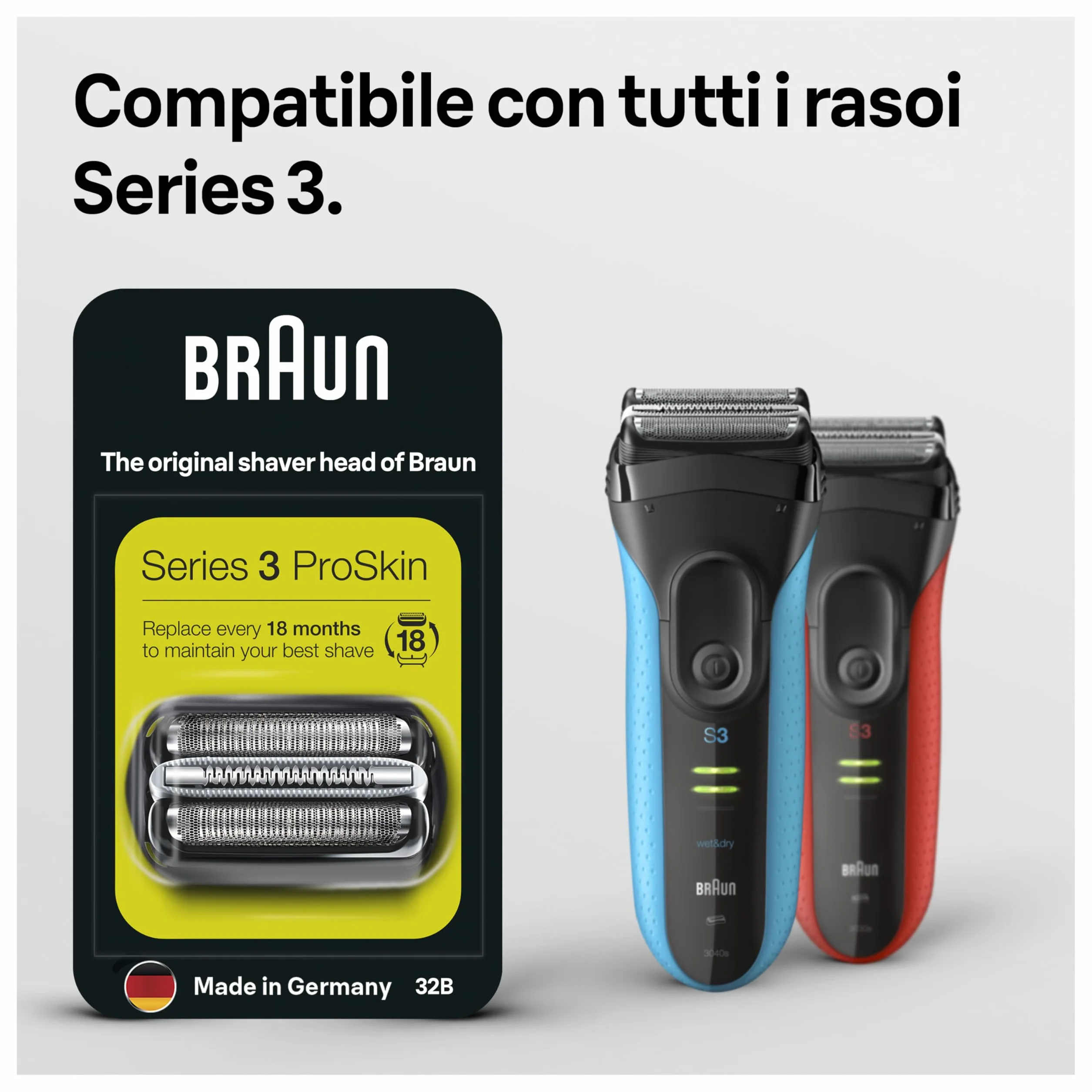 Braun Serie 3 Testina ORIGINALE Per Rasoio Elettrico Barba, Compatibile 32B ProSkin