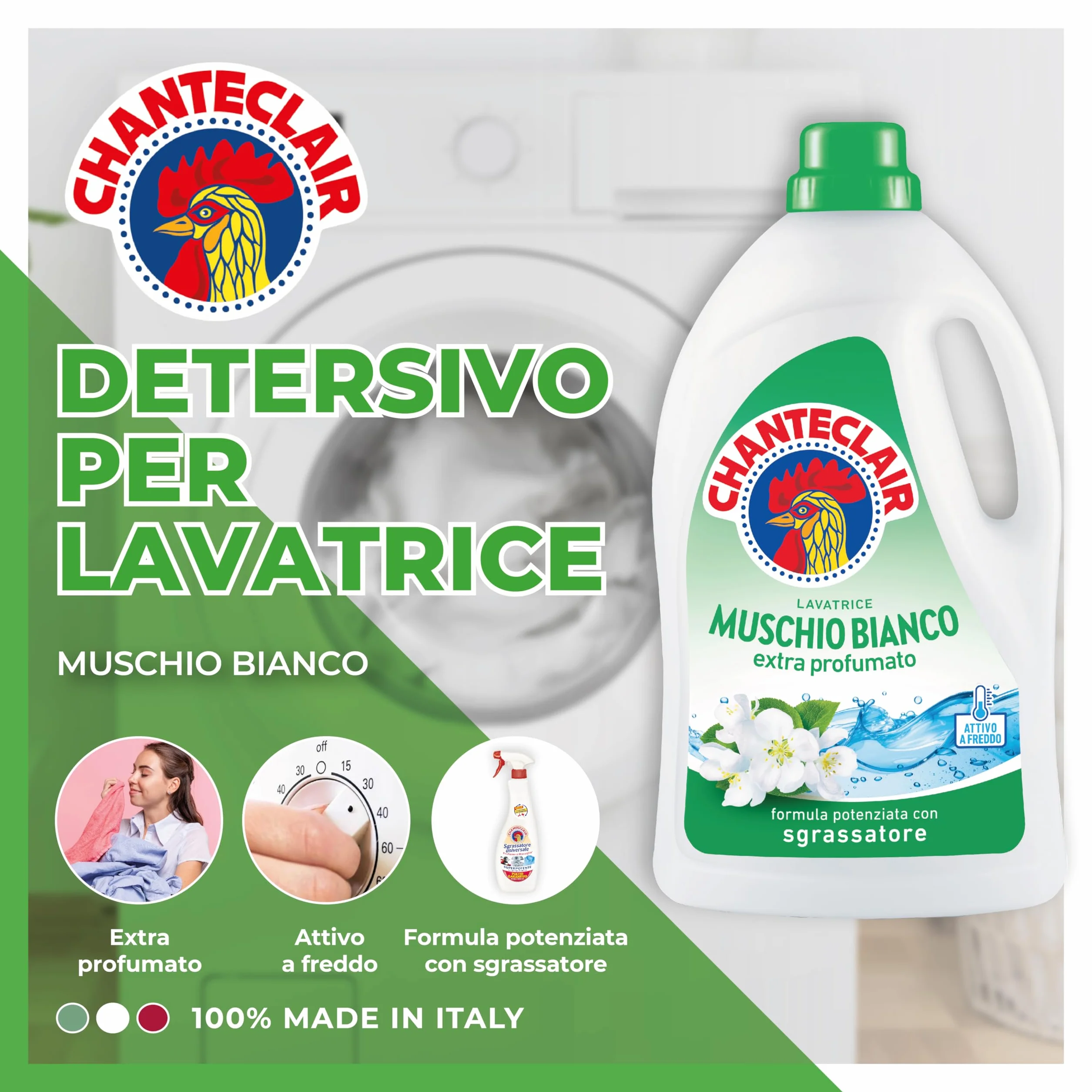 Chanteclair - Detersivo per Lavatrice, Profumo Muschio Bianco, Formula Concentrata, con Vero Sgrassatore - 3 Flaconi da 1260 ml