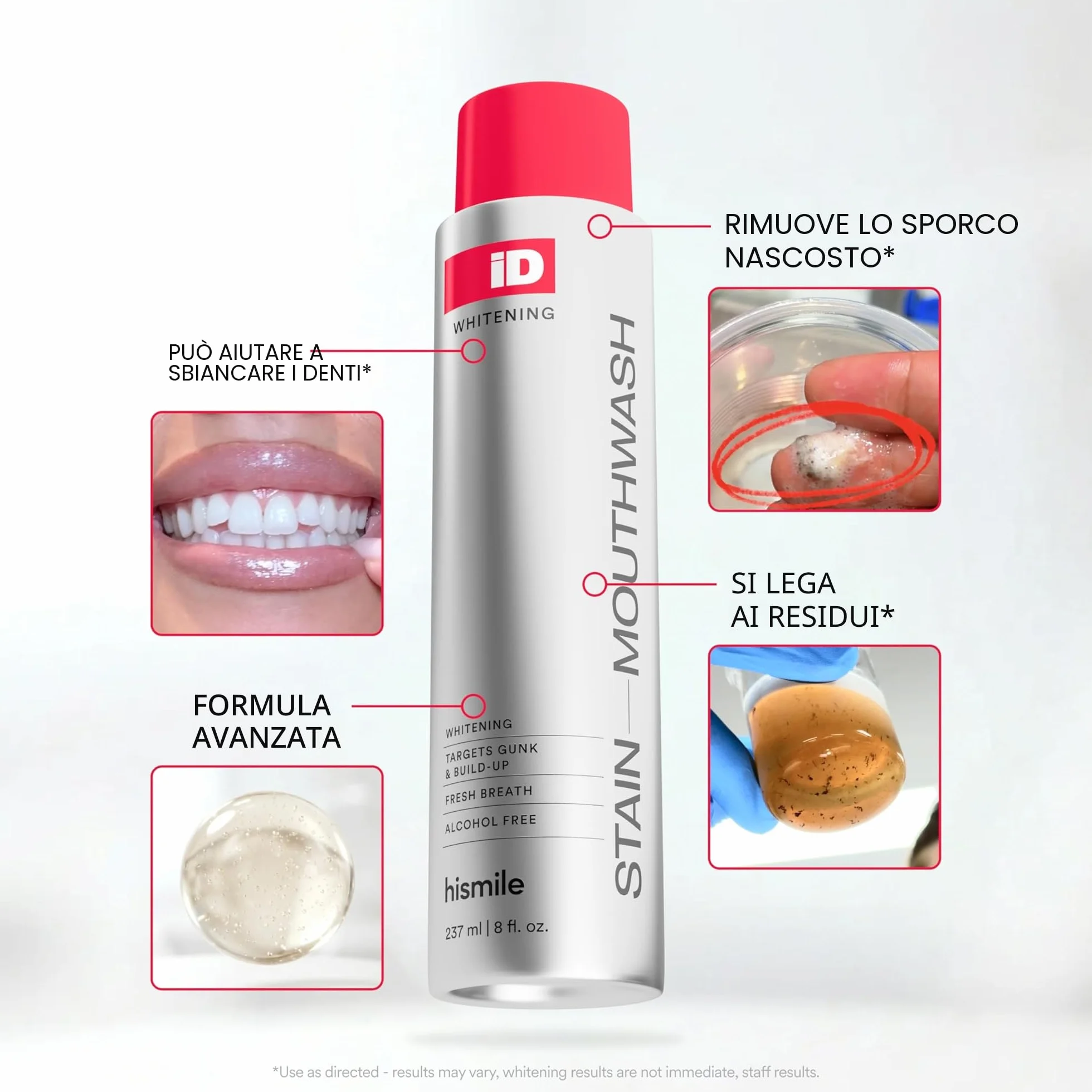 Hismile iD Stain Collutorio Sbiancante Senza Alcol con Perossido di Idrogeno e Oli Essenziali 237ml
