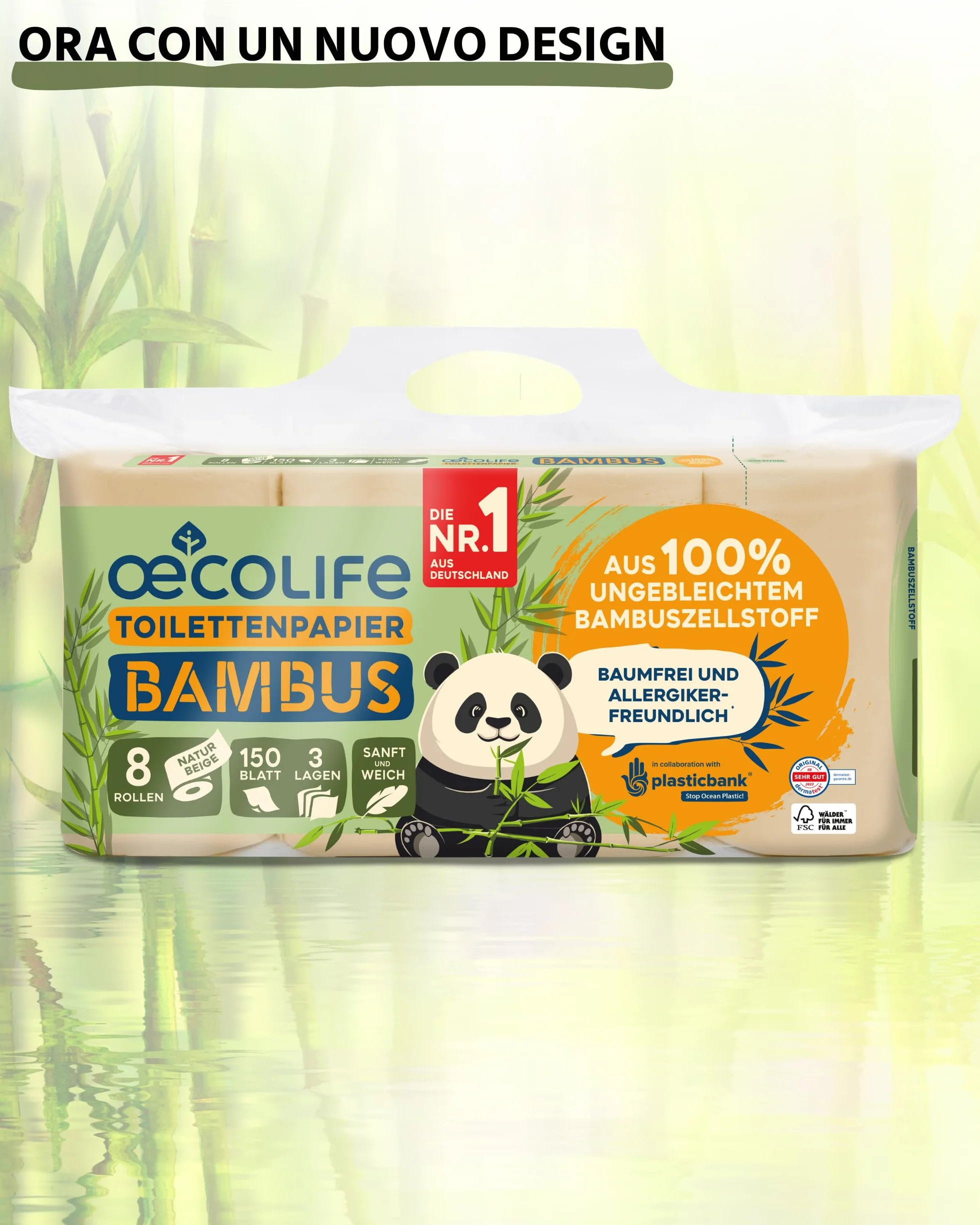œcolife Carta igienica in bambù 3 strati 56 x 150 fogli per rotolo sostenibile confezione da 60% PCR 56 rotoli