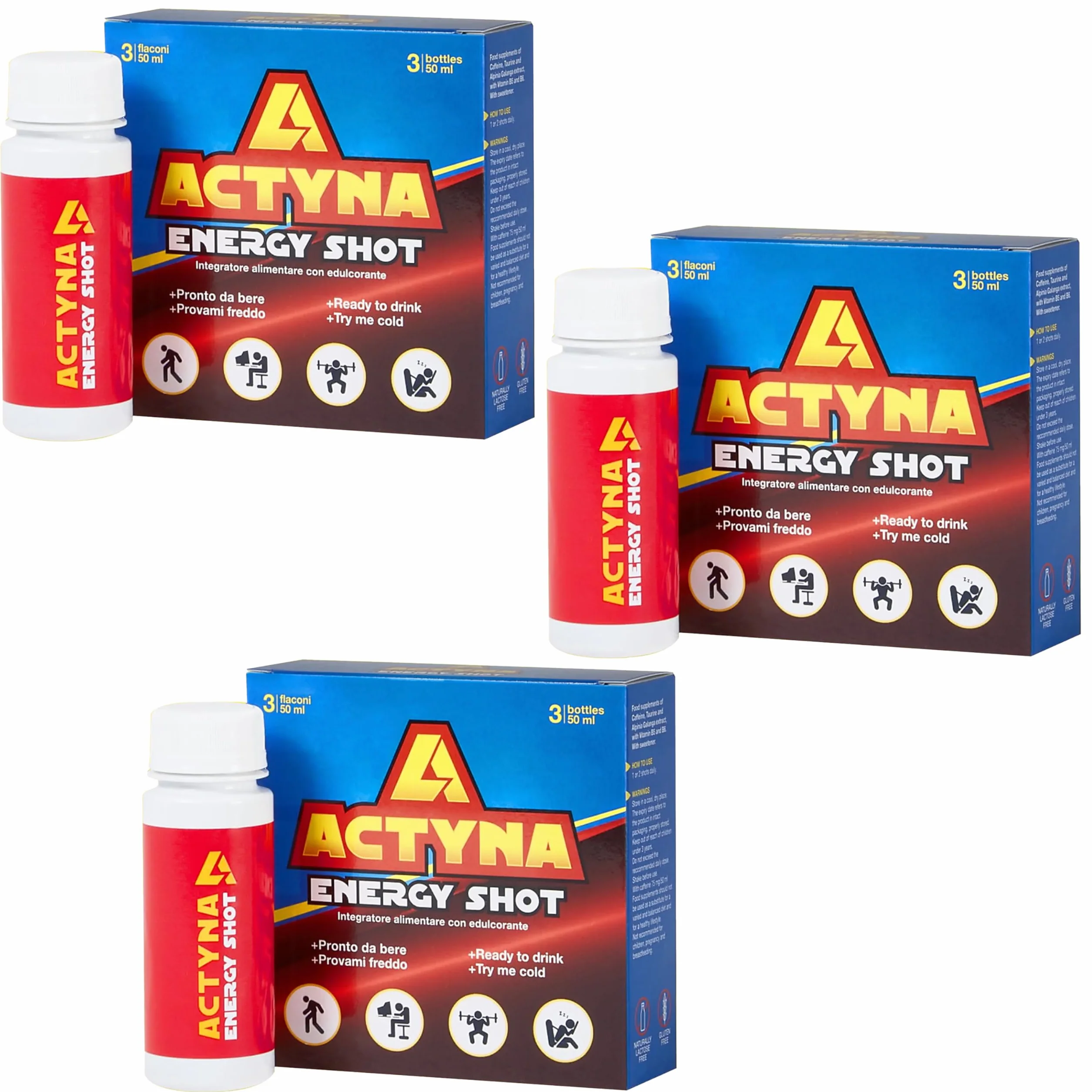 Agips Actyna Energy Shot Integratore Stanchezza Studio Attività Fisica e Mentale, Preworkout. Caffeina Mate Taurina Vitamine B5 B6. 3 bottiglie da 50ml di liquido totale 200gr (3 Scatole)