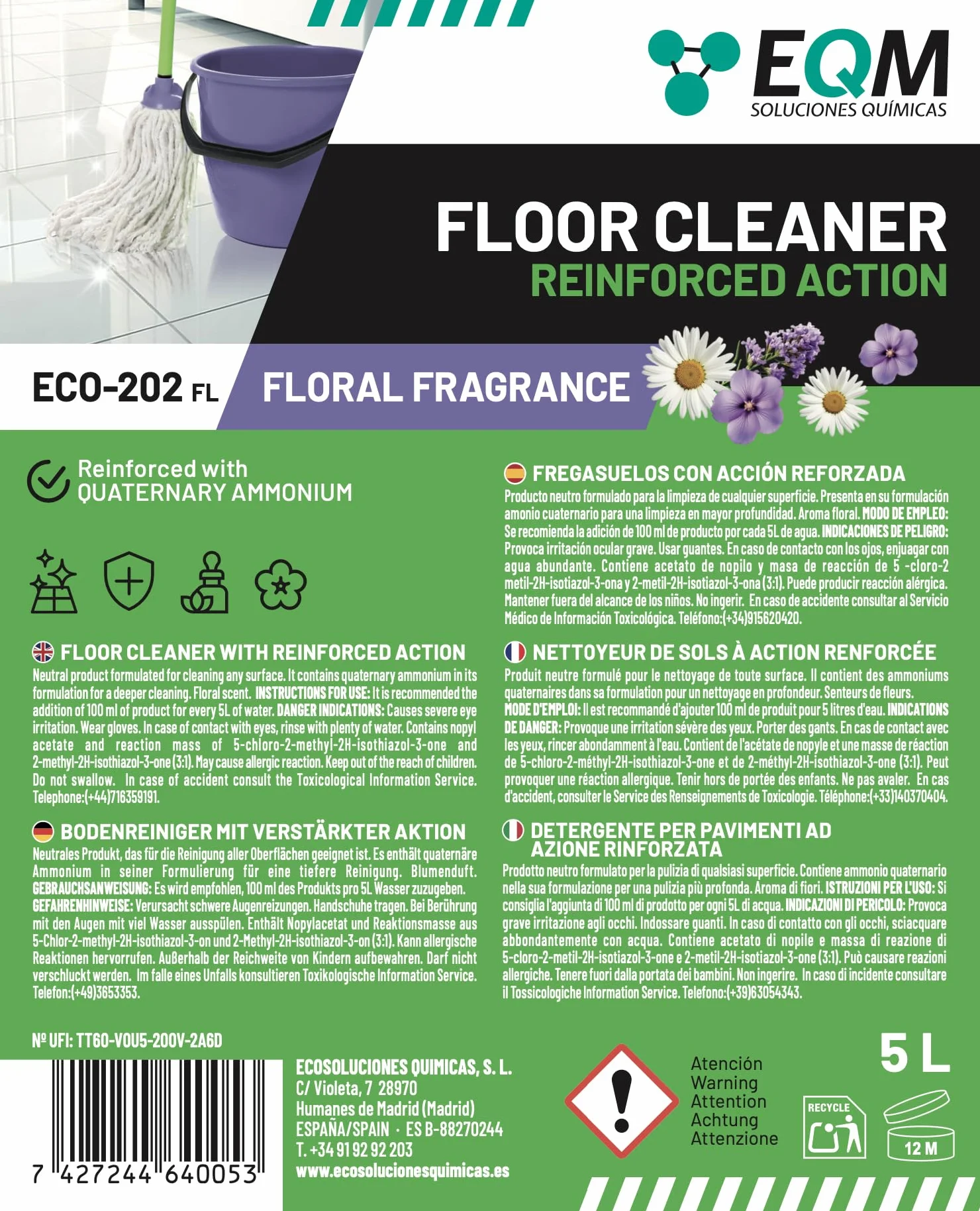 Detergente per Superfici Multiple ECO-202 5L Alta Capacità Sgrassante Deodorante Aroma Floreale