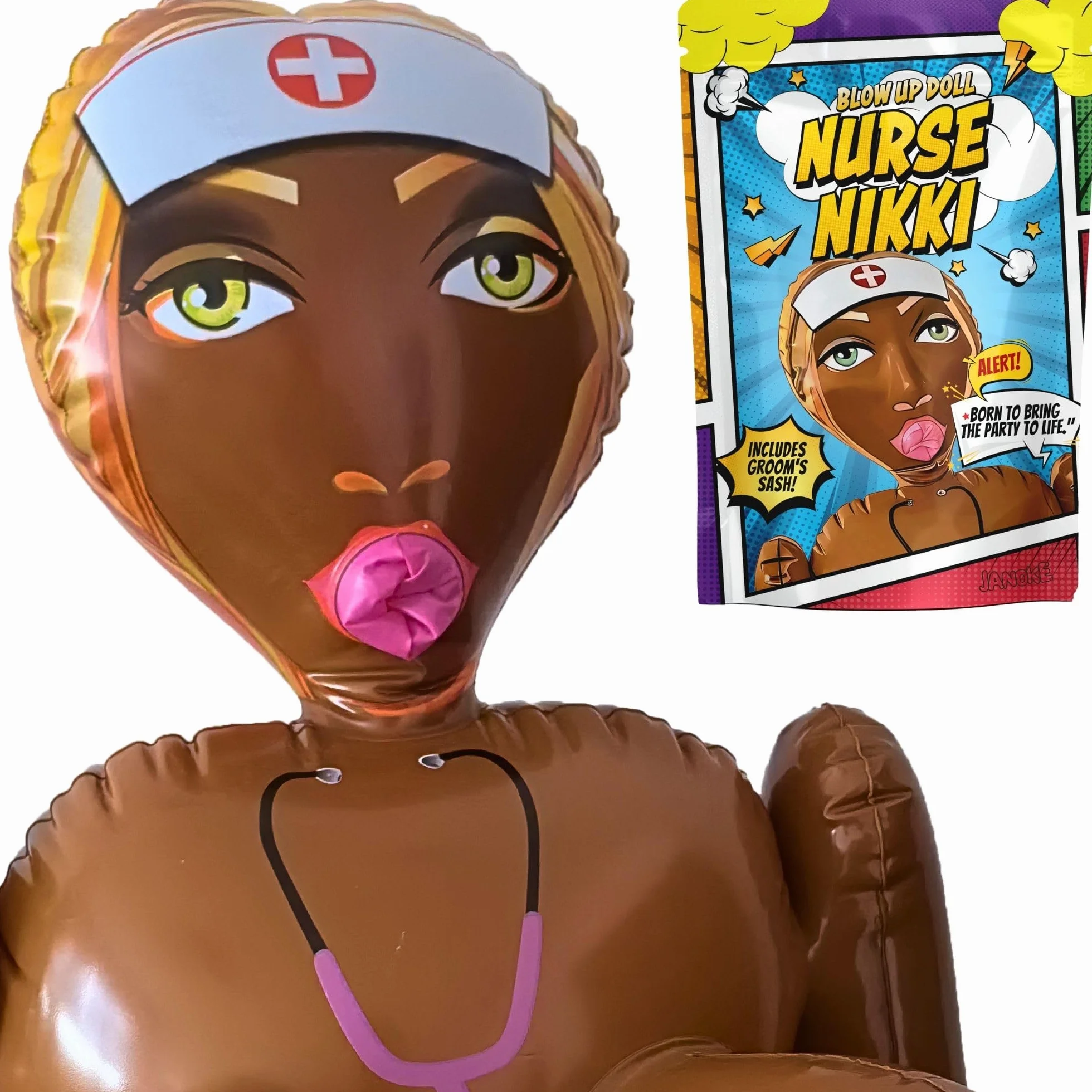 Bambola Gonfiabile Donna con Fascia per Addio al Celibato e Confezione Originale - Altezza 150 cm - Nurse Nikki