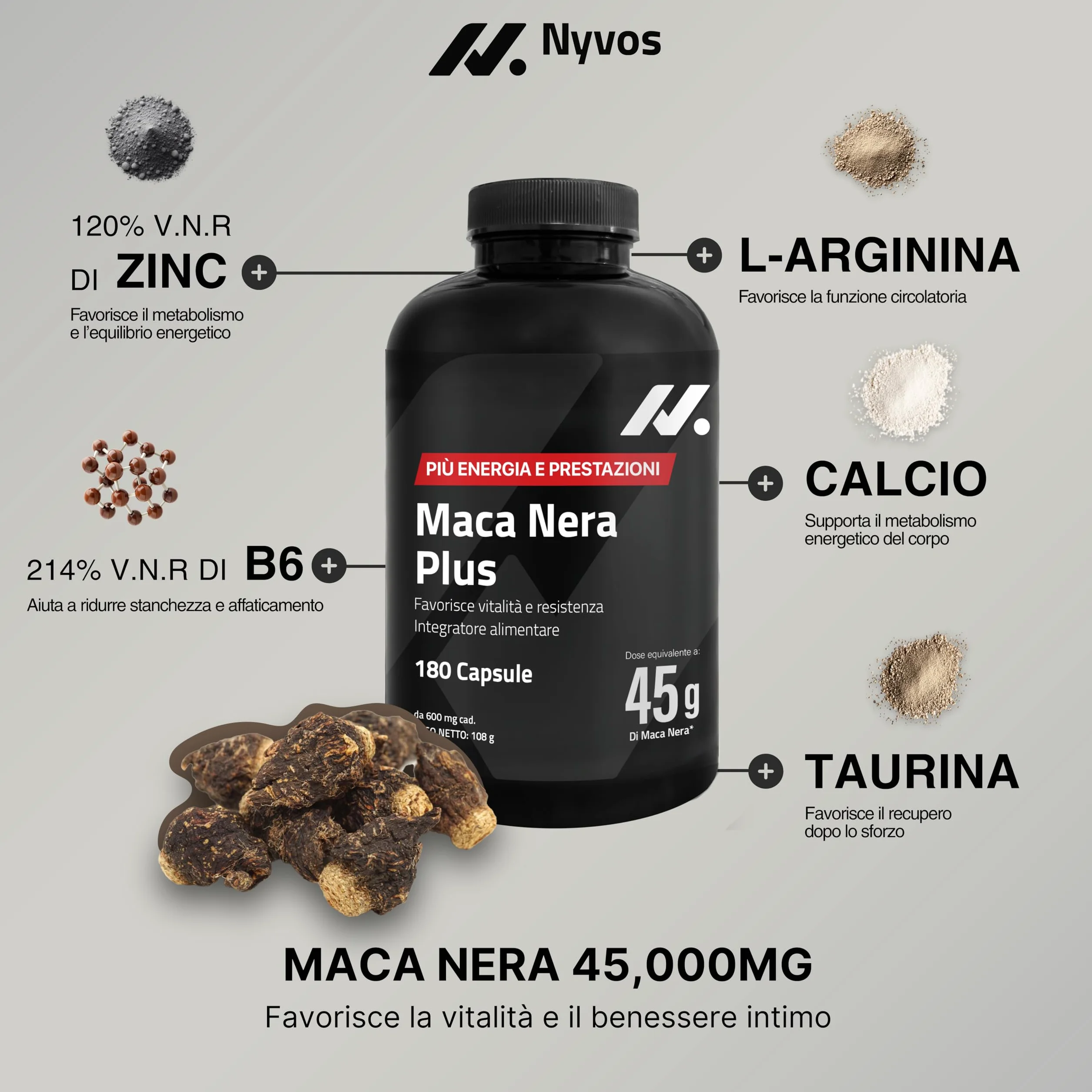 Maca Peruviana Plus – Maca Nera 45.000 mg Equivalenti (100:1), Arginina, Taurina, Vitamina B6 – Testosterone Uomo – 180 Capsule – Vegano, Senza Glutine né Lattosio – Pre workout, Energia e Muscoli