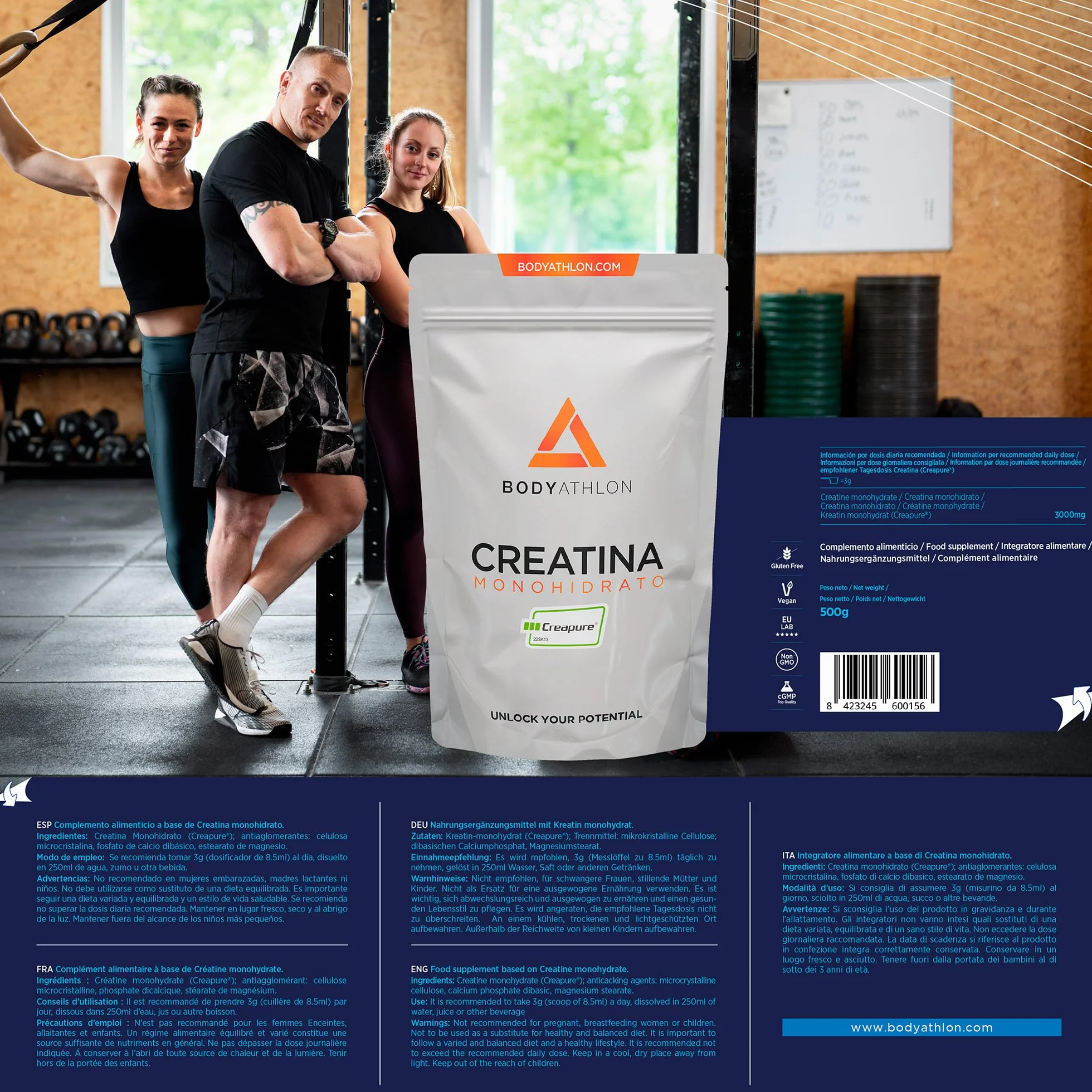 500g Creatina Creapure Polvere|Creatina Monoidrata Per Allenamento| Aumenta massa muscolare, forza e resistenza| Creatine Senza Glutine Fine, Solubile|+Dosatore, Vegan|Creatine Monohydrate|Bodyathlon