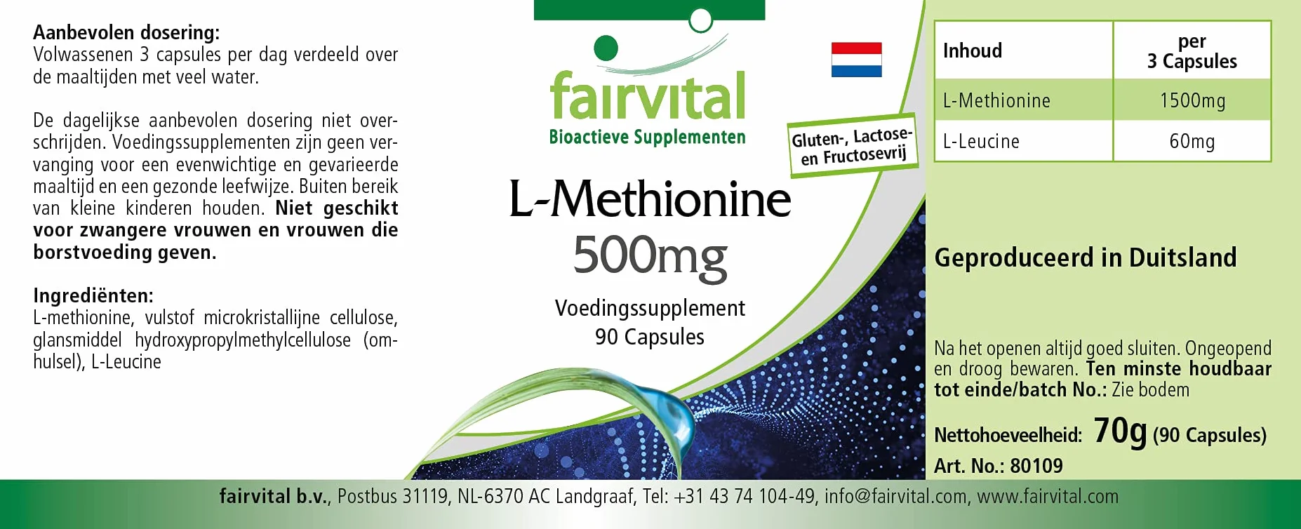 fairvital L-metionina 500 mg, 90 capsule, ALTO DOSAGGIO, VEGANO, aminoacido